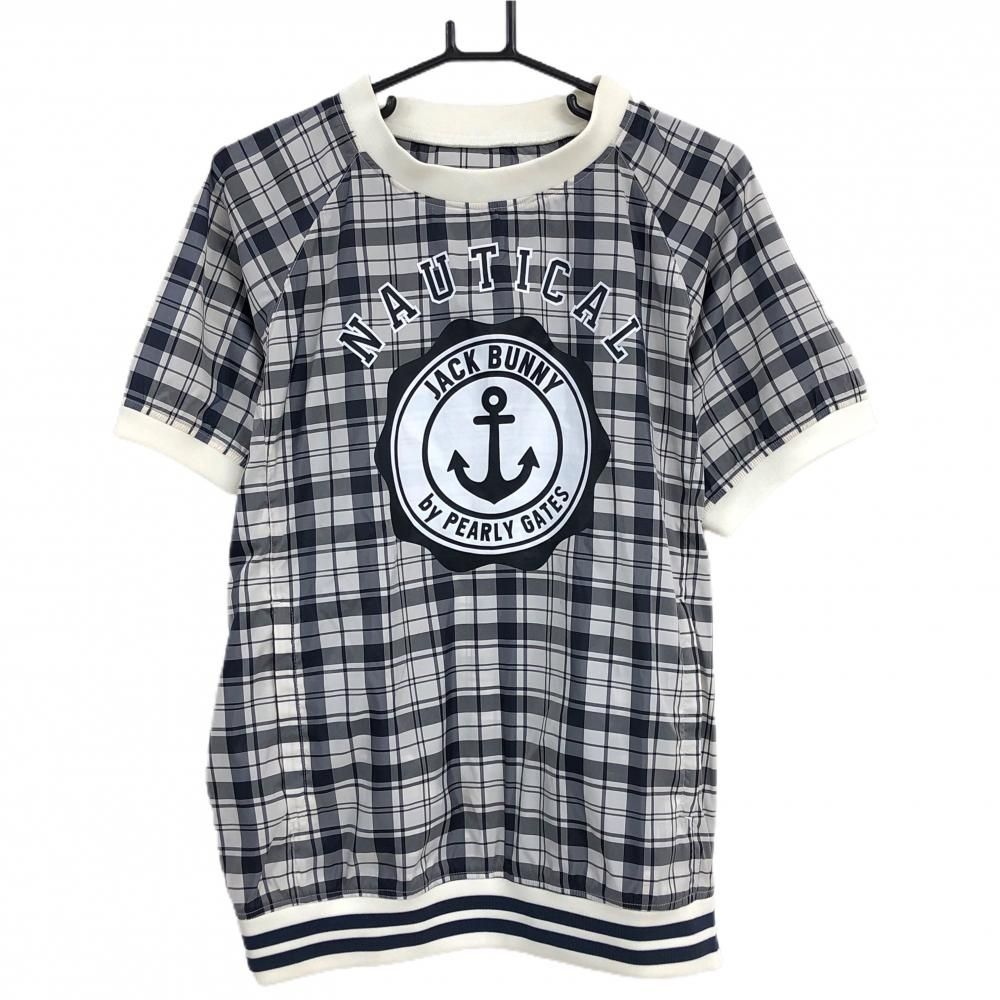 【美品】ジャックバニー 半袖スニード 白×ダークネイビー チェック 薄手 イカリ ブルゾン メンズ 4(M) ゴルフウェア Jack Bunny