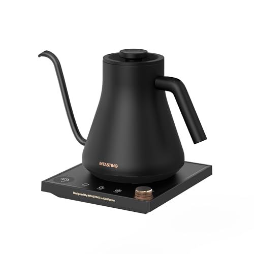 intasting 電気ケトル コーヒー 1°C単位の温度調節 コーヒー ケトル 細口ドリップ 1200W高速沸騰 2時間保温 LED表示パネル 電気ポット ドリップ ポット 空焚き防止 コンパクト0.9L クリスマス 新年 プレゼント用 (ブラック) 0