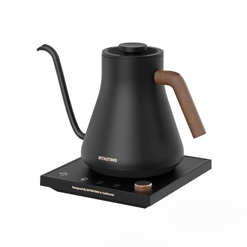 intasting 電気ケトル コーヒー 1°C単位の精密調節 ドリップ コーヒーポット 細口ドリップ LED表示パネル 電気ポット ドリップ ポット 保温機能 空焚き防止 コンパクト0.9L 1200W クリスマス 新年 プレゼント用 (ブラック-木のハ 0