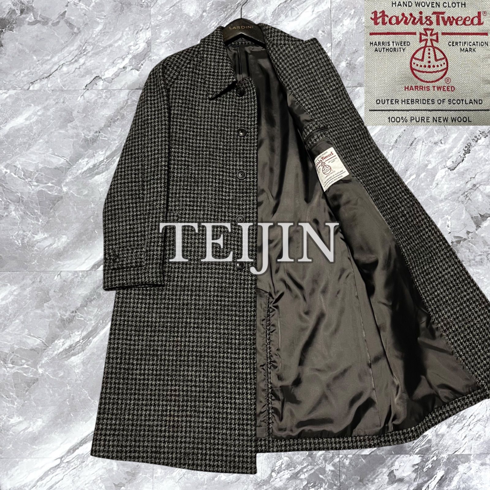 TEIJIN テイジン Harris Tweed ハリスツイード ステンカラーコート ロングコート 千鳥格子 ハウンドトゥース ウール 比翼ボタン チンストラップ付き グレー系 灰色系 サイズL