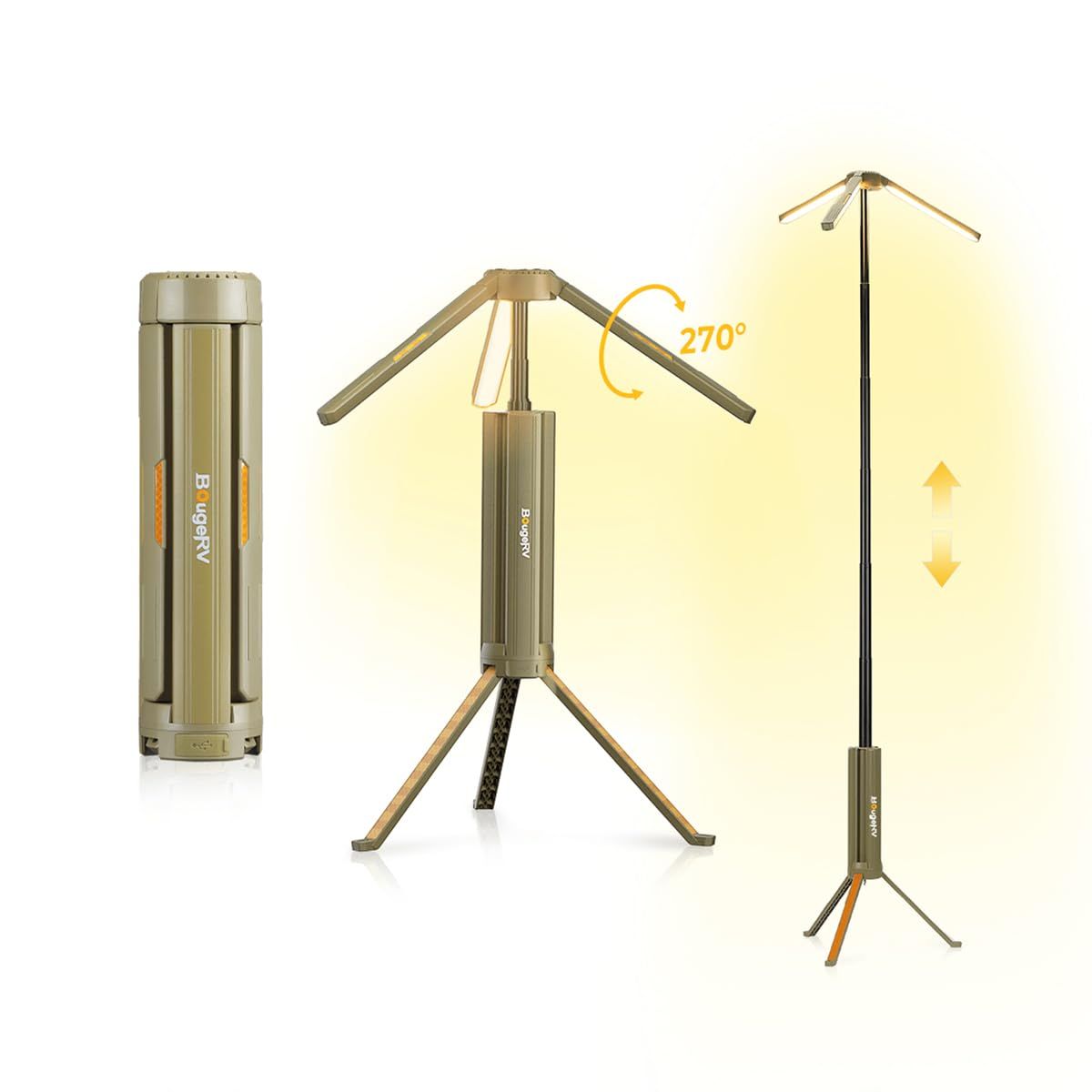 【防災認定】BougeRV ledライト キャンプランタン 三脚付き ledランタン 充電式 投光器 照明方向調節 折りたたみ可能 15600mAH大容量バッテリー内蔵 スタンド付き 自立可能 高さ調整 調光可能 2色切替 コンパクト 持ち運びに便利 IP 0