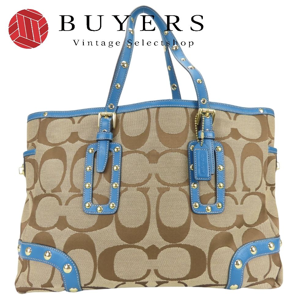 【中古】 コーチ トートバッグ シグネチャー 1488 キャンバス レザー ブルー ブラウン スタッズ レディース 女性 COACH