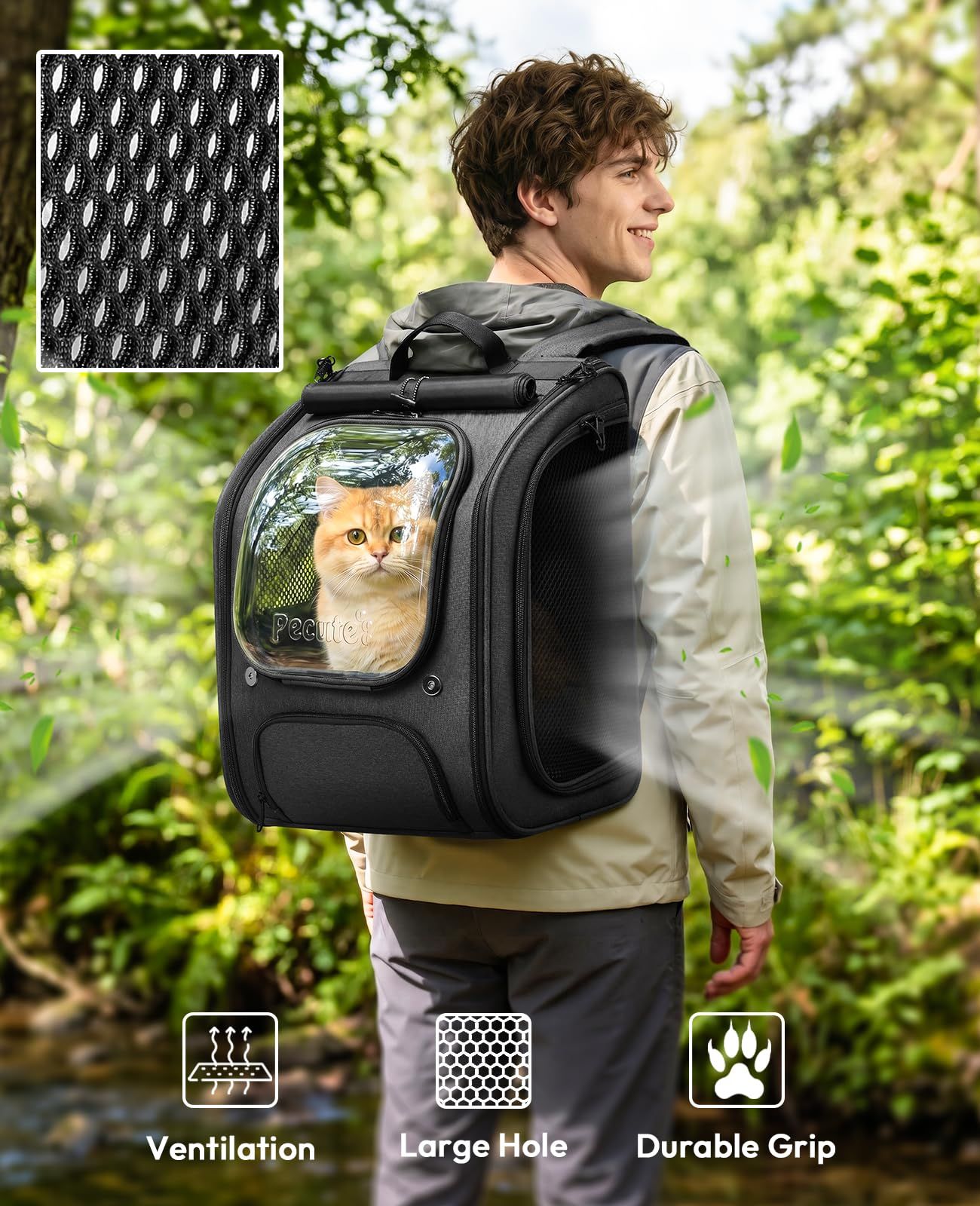 ペキュート Pecute 猫 きゃりーバッグ ペット キャリーバッグ 猫 犬用 リュック 透明な窓 通気性 ペットハウス 折り畳み お出かけ ドライブ 旅行 通院 防災 避難用 キャリー ブラック 0