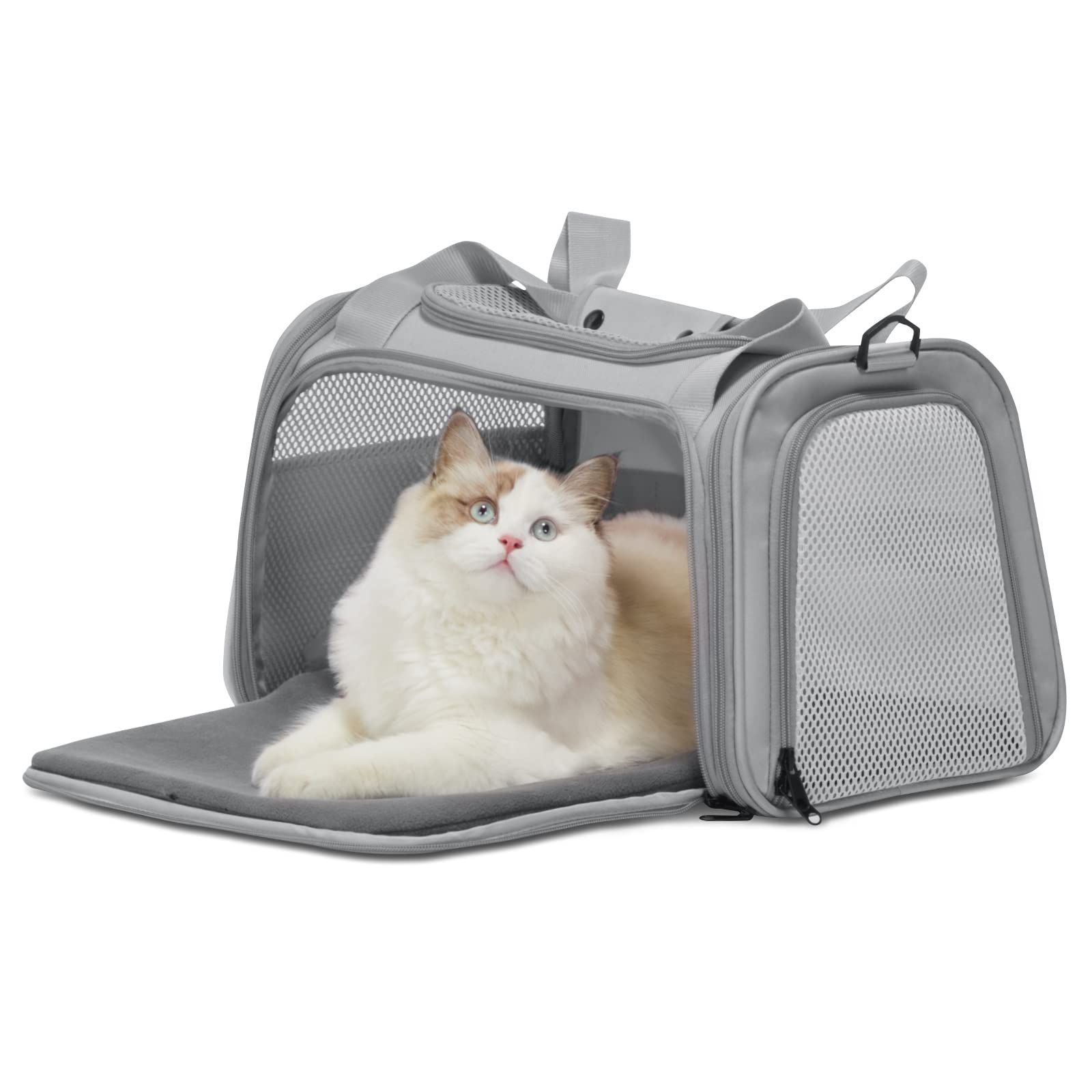 Petsfit ペットキャリーバッグ 猫小型犬対応 猫キャリーバッグ 折りたたみ 軽量通気性メッシュ 手提肩掛けスーツケース 飛び出し防止リード付き 旅行／通院／災害避難／電車移動に グレー XLサイズ 0