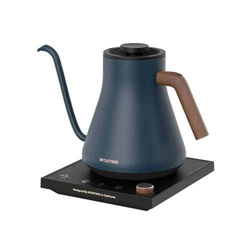 intasting 電気ケトル コーヒー 1°C単位の精密調節 ドリップ コーヒーポット 細口ドリップ LED表示パネル 電気ポット ドリップ ポット 保温機能 空焚き防止 コンパクト0.9L 1200W クリスマス 新年 プレゼント用 (ブルー-木ハンド 0
