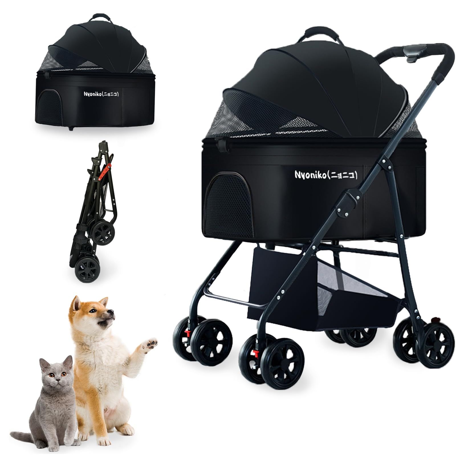 [Nyoniko(ニョニコ)]ペットカート 分離型 折りたたみ 犬 バギー 8輪 ワンタッチ 前輪360°回転 輪ブレーキ付き ペットキャリーカート 犬用ベビーカー ペットバギー 小型犬 中型犬 猫 多頭 飛び出し防止 組み立て簡単 軽量 散歩 お出かけ 0