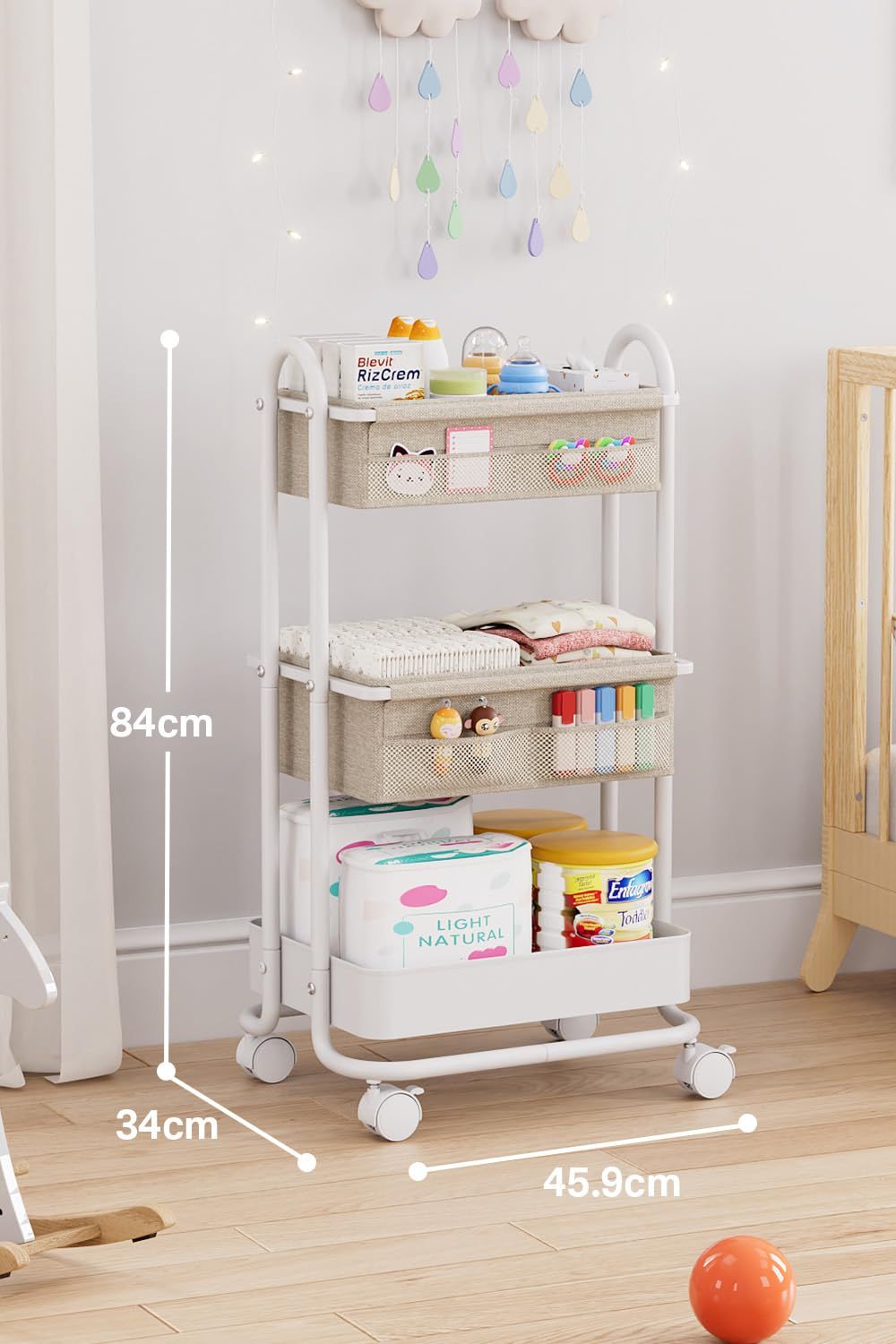 KALORCARE おむつストッカー ベビー用品 収納ワゴン 3段 キャスター付き 出産準備 赤ちゃん用品 おむつバッグ 整理整頓 取り外し可能な仕切り付き 移動便利 多機能 ベビーベッド用 大容量 ナーサリー収納 (ブラック) 0