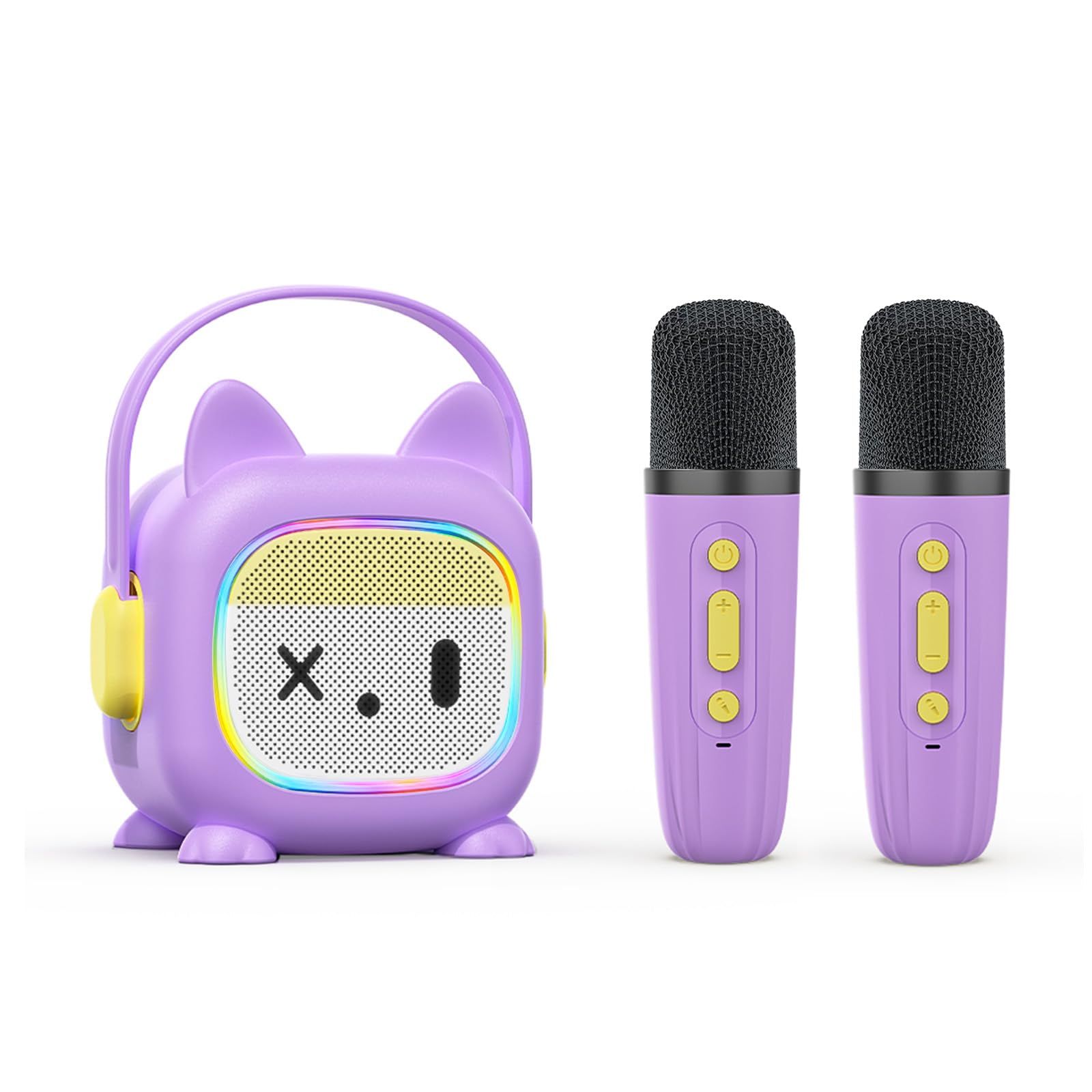 MonoKi カラオケセット かわいらしい外観デザイン Bluetooth5.3 スピーカー ワイヤレス マイク 2本 録音機能と親子のインタラクティブ機能がある 伴奏機能付き カラオケ家庭用 PAセット karaoke RGB LEDライト 家庭の集まり 0