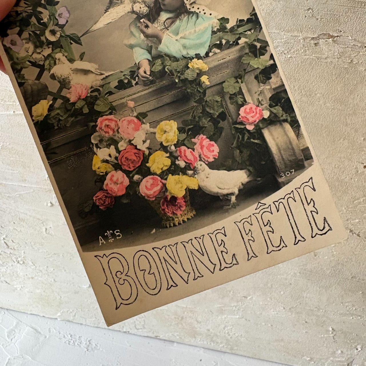 フランス アンティークポストカード 少女と鳩 BONNE FÊTE 手彩色 薔薇