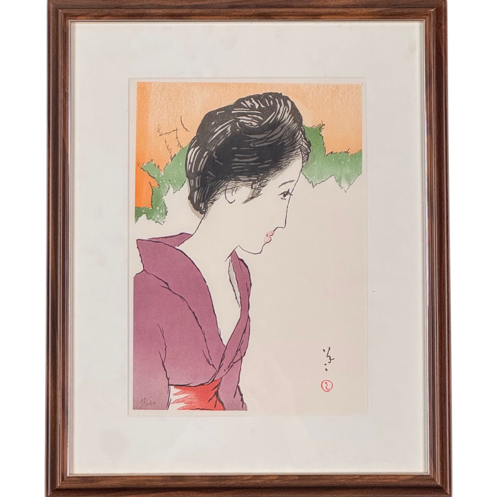 竹久夢二 「晩夏の女」リトグラフ 額装