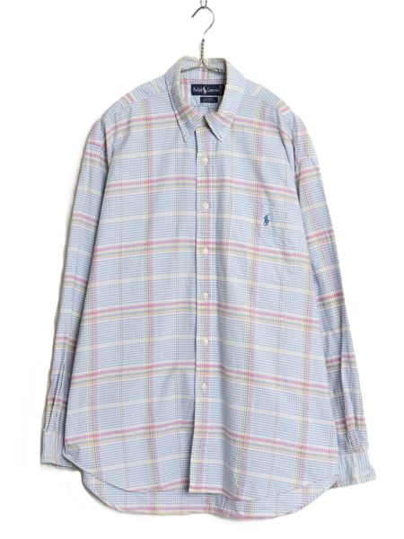 90s ラルフローレン チェック 長袖 ボタンダウン シャツ メンズ XL ポロ コットン 長袖シャツ オックスフォード ポケット付き 大きいサイズ