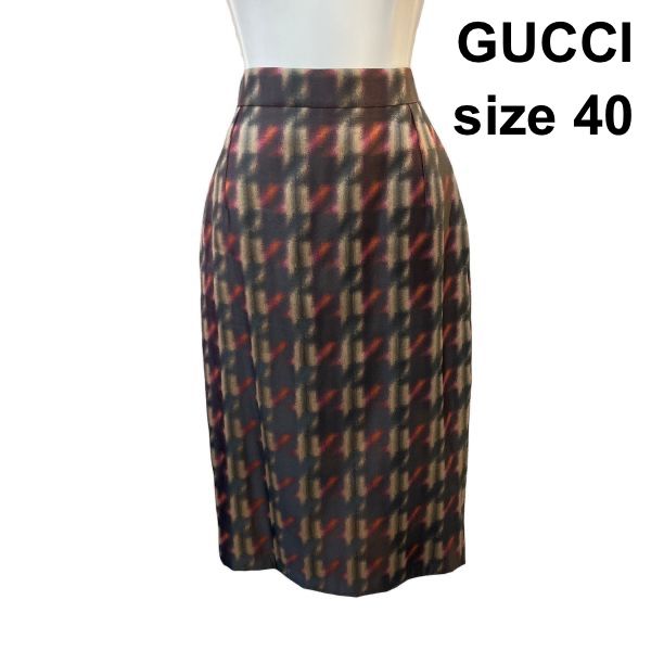 ○◇ グッチ GUCCI タイトスカート ミモレ丈 千鳥格子 総柄 絣調 背面
