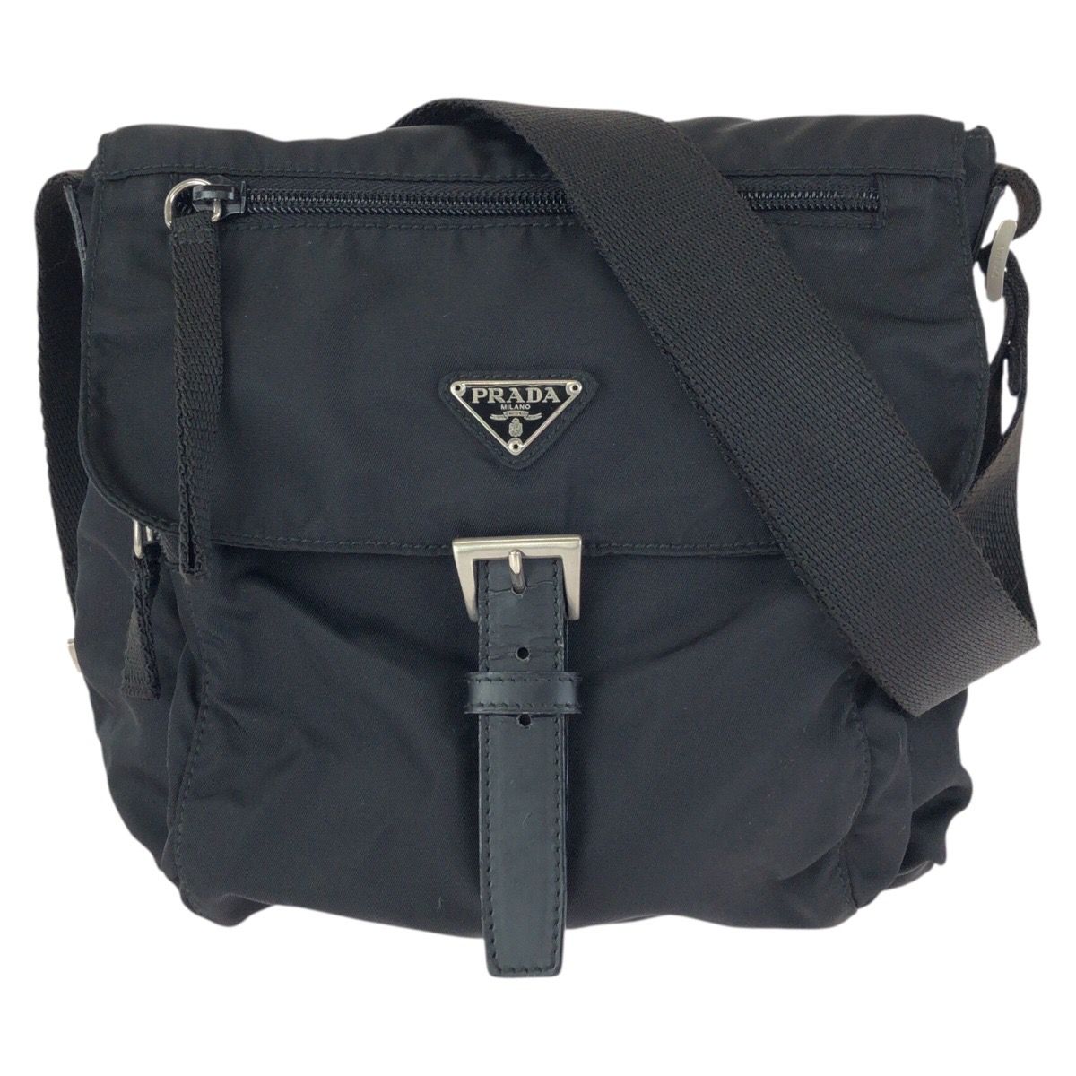美品 PRADA プラダ テスート 三角ロゴプレート ブラック 黒 シルバー 