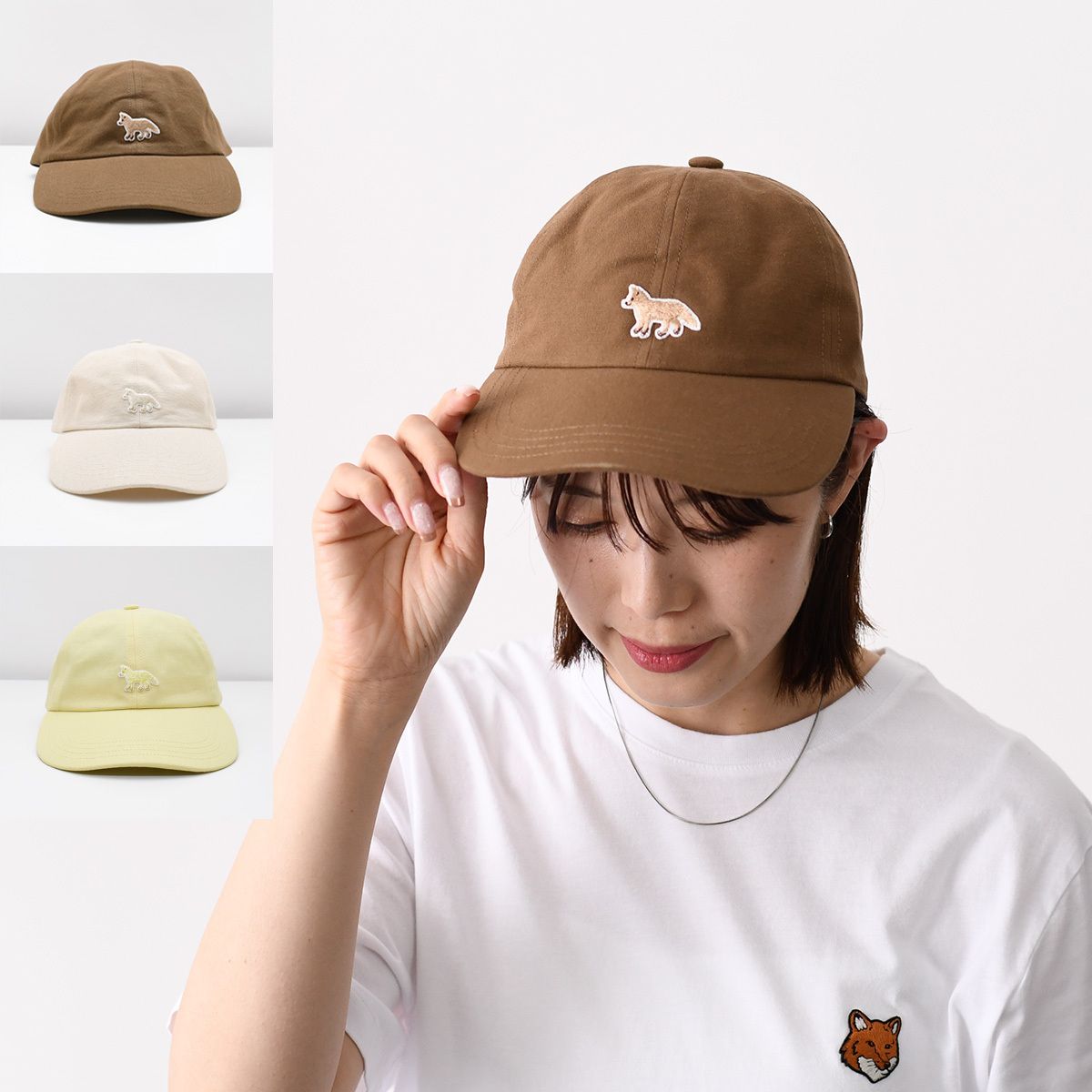 MAISON KITSUNE メゾン キツネ キャップ 帽子 ベイビー フォックス OW06108 WB0026 レディース ユニセックス ブラウン イエロー ベージュ コットン ベースボールキャップ キャンバスキャップ カーブバイザー 刺繍パッチ 6パネル