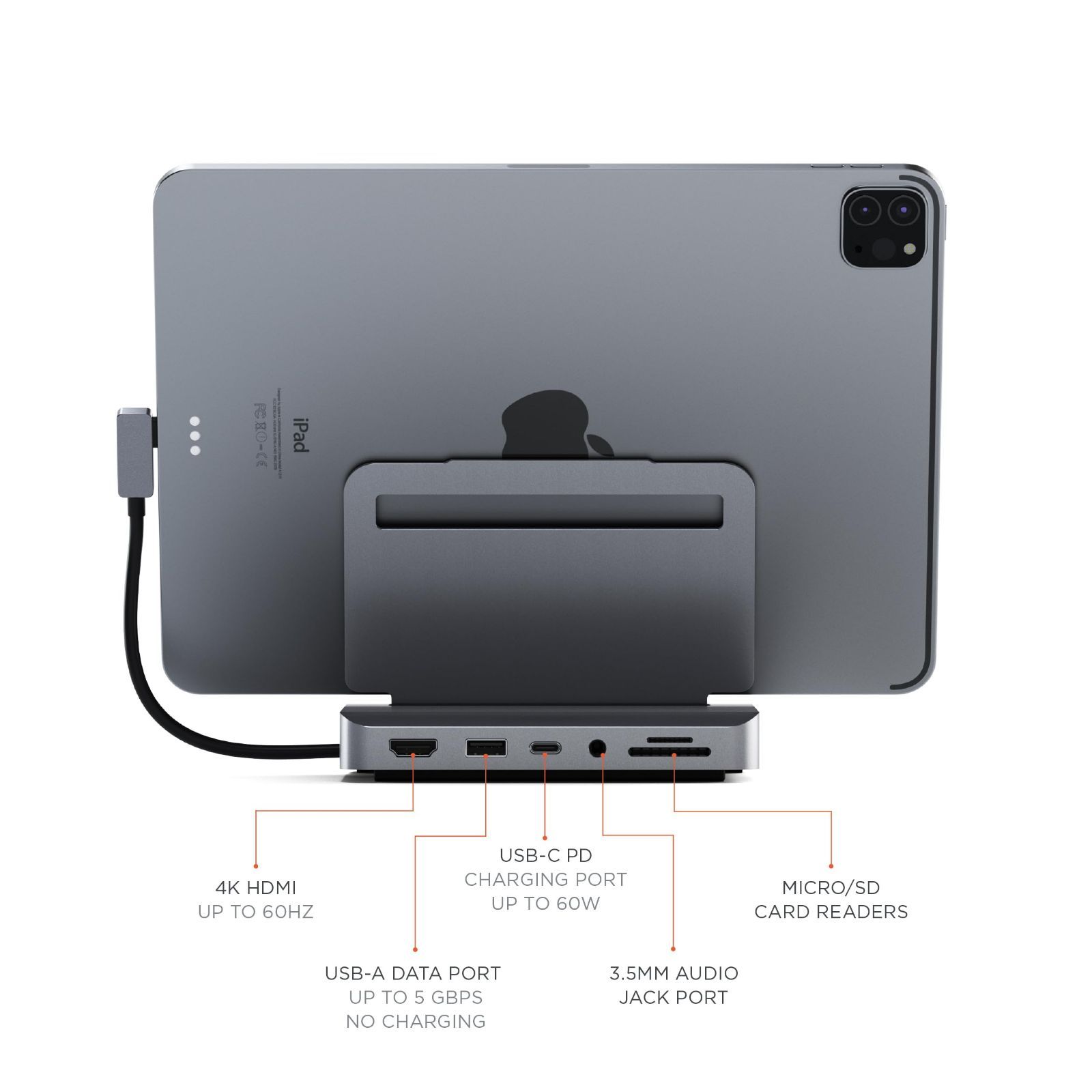 【特価商品】SATECHI 6 in 1 アルミ製 タブレット スタンド & usb-c ハブ ? 折りたたみ式横型 スタンド usb-cデバイス対応 スタンド 60W 急速充電、4K HDMI、USB-A ポート、SD/MicroSD カードリーダー、オーデ