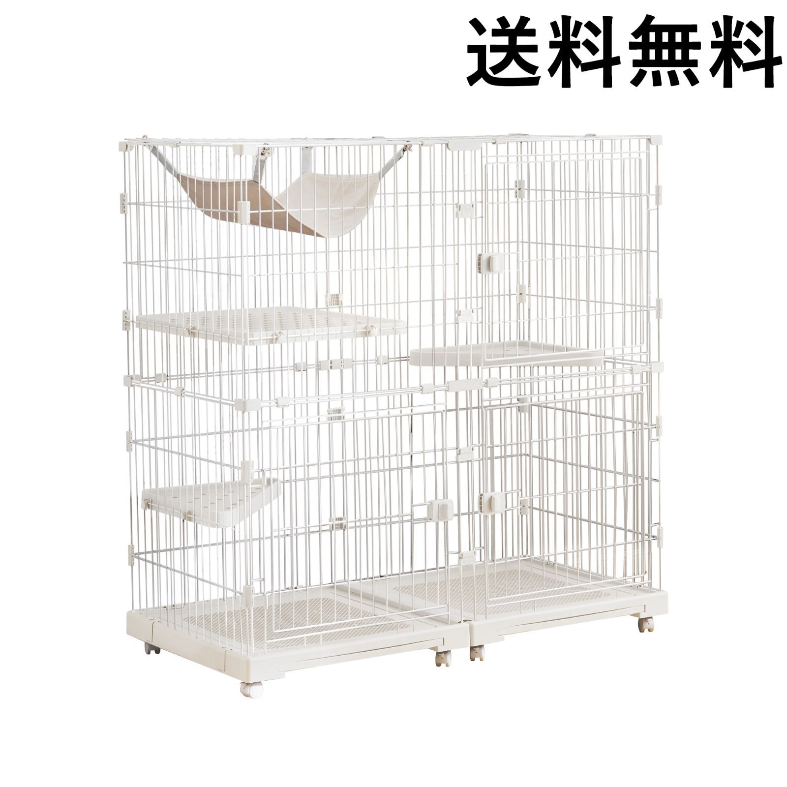 猫 ケージ キャットケージ 2段 幅広設計 自由組み合わせ ハンモック付き 大型 猫ゲージ 高級感 おしゃれ キャットハウス ネコ ハウス 多段 留守番 保護 脱走防止 多頭飼い 多頭 スチール 【ホワイト】 <JETO>