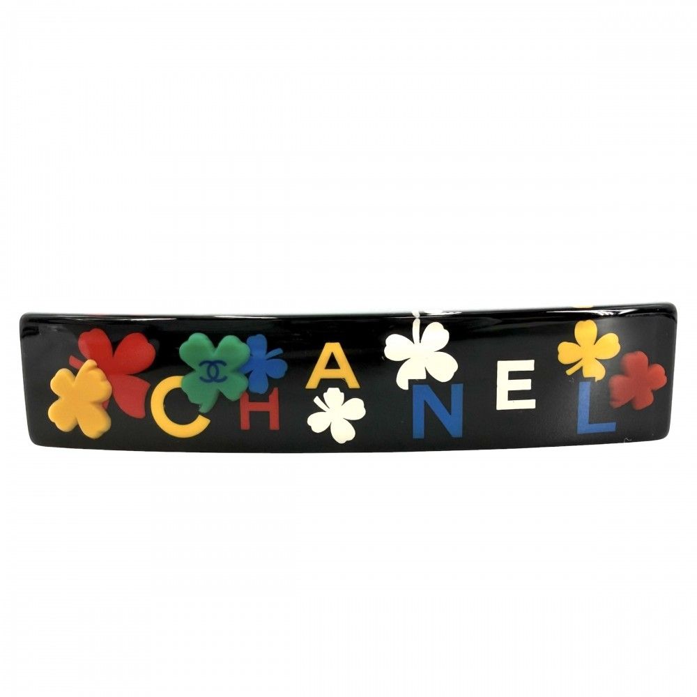 シャネル ヘアアクセサリー レディース バレッタ ロゴ アクセサリー ファッションアイテム ヘアクリップ クローバー CHANEL 04P ブラック 黒 マルチカラー シルバー金具 約23.1g 2004年【中古品】