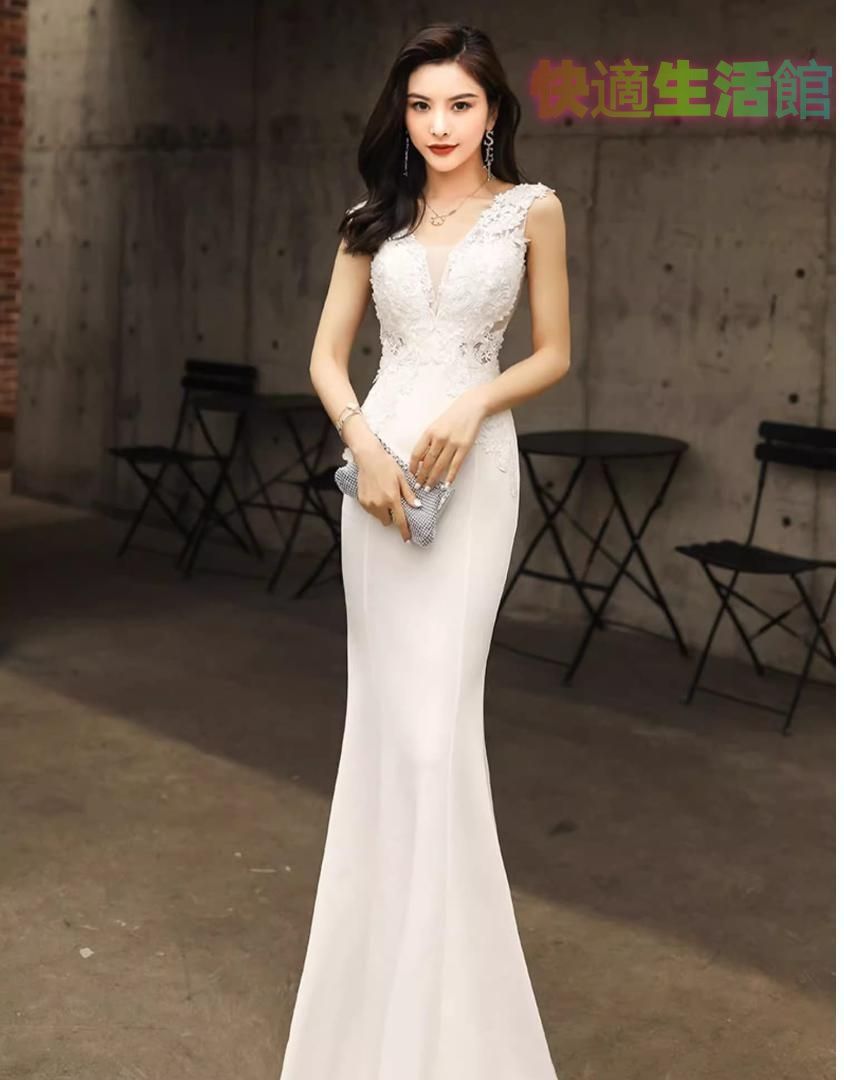 【セール】イブニングドレス Vネック レース ロング丈 マーメイドライン エレガント 結婚式 二次会 同窓会 披露宴 パーティー 成人式 ナイト 上品 裏地あり サイズ S M L XLlf515