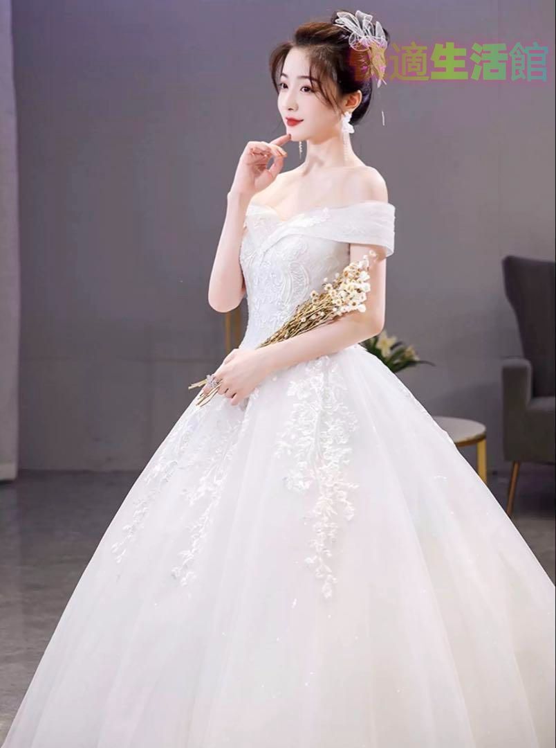 【セール】新品未使用 シンプルで上品なオフショルダーウェディングドレス 前撮り　結婚式lf515 13,190円
