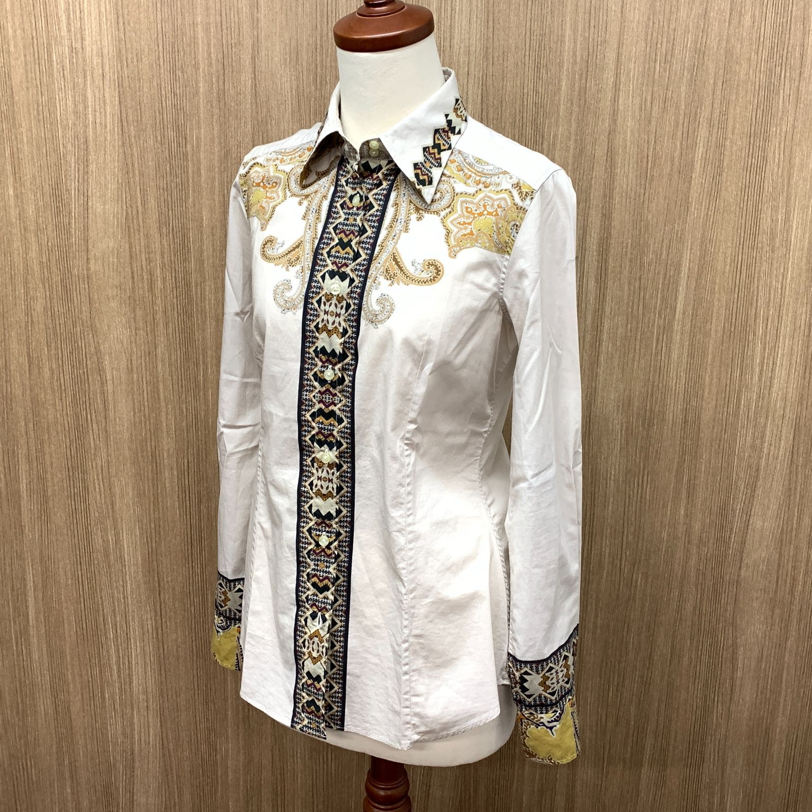 f001 L4 ETRO 長袖シャツ ブラウス ペイズリー柄 ベージュ 綿シャツ サイズ 40