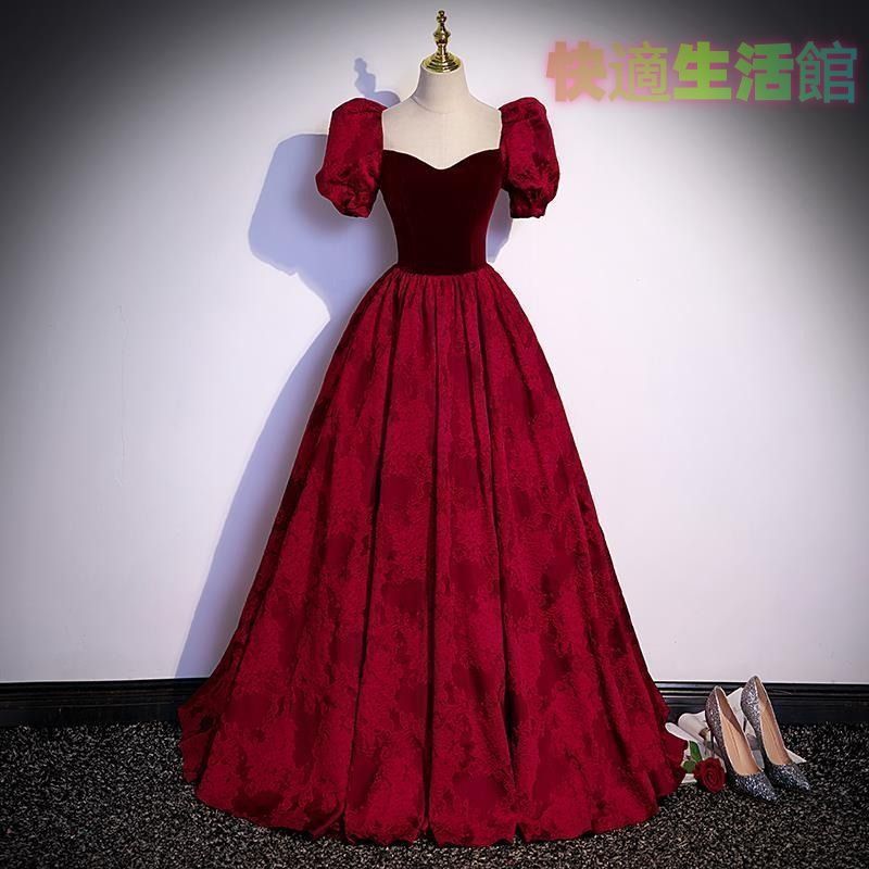 【セール】イブニングドレス カラードレス ウエディングドレス 赤 ベルベット パフスリーブ 甘め 半袖 結婚式ドレス 二次会ドレス ワインレッド ゲストドレス ロングドレス Aライン パーティードレス lf515