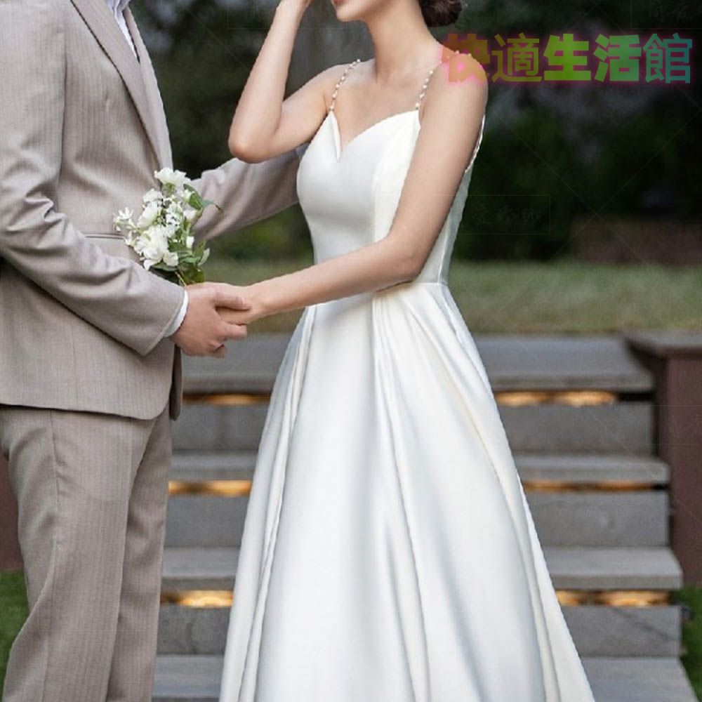 【セール】二次会 花嫁 白 ワンピース ウエディングドレスマキシ丈 結婚式 ドレス サテン シンプル キャミソールタイプ パールストラップ エレガント 前撮り 披露宴 ロング丈 lf515