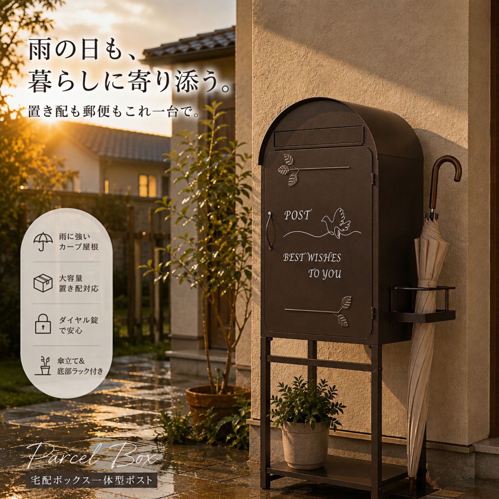 宅配ボックス ポスト 一体型 置き型 スタンドポスト 傘立て付き 郵便 