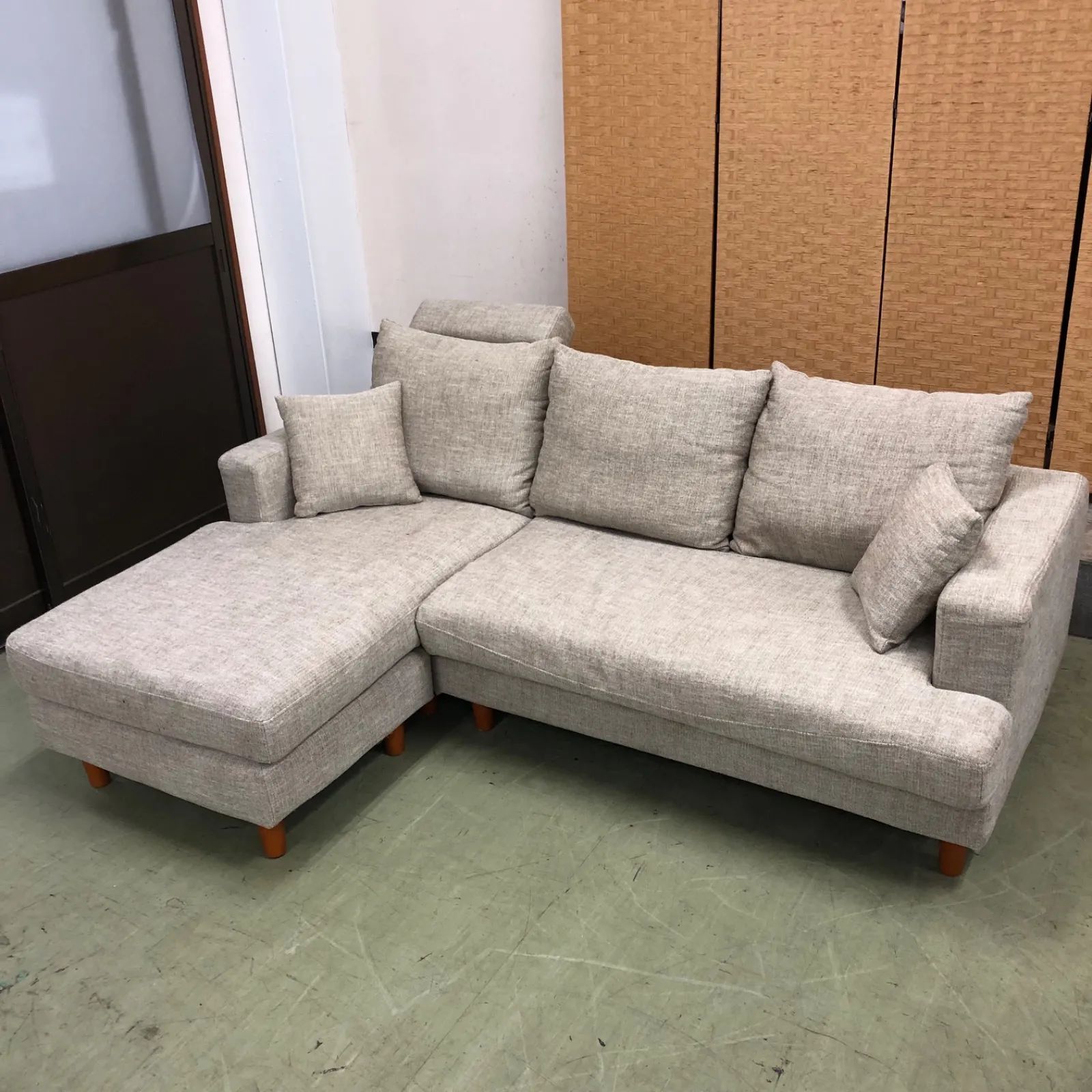 □【値下げ交渉可能】カウチソファ 3人掛け L字型 コーナーソファ キャンバス生地 アンティーク家具 現状品