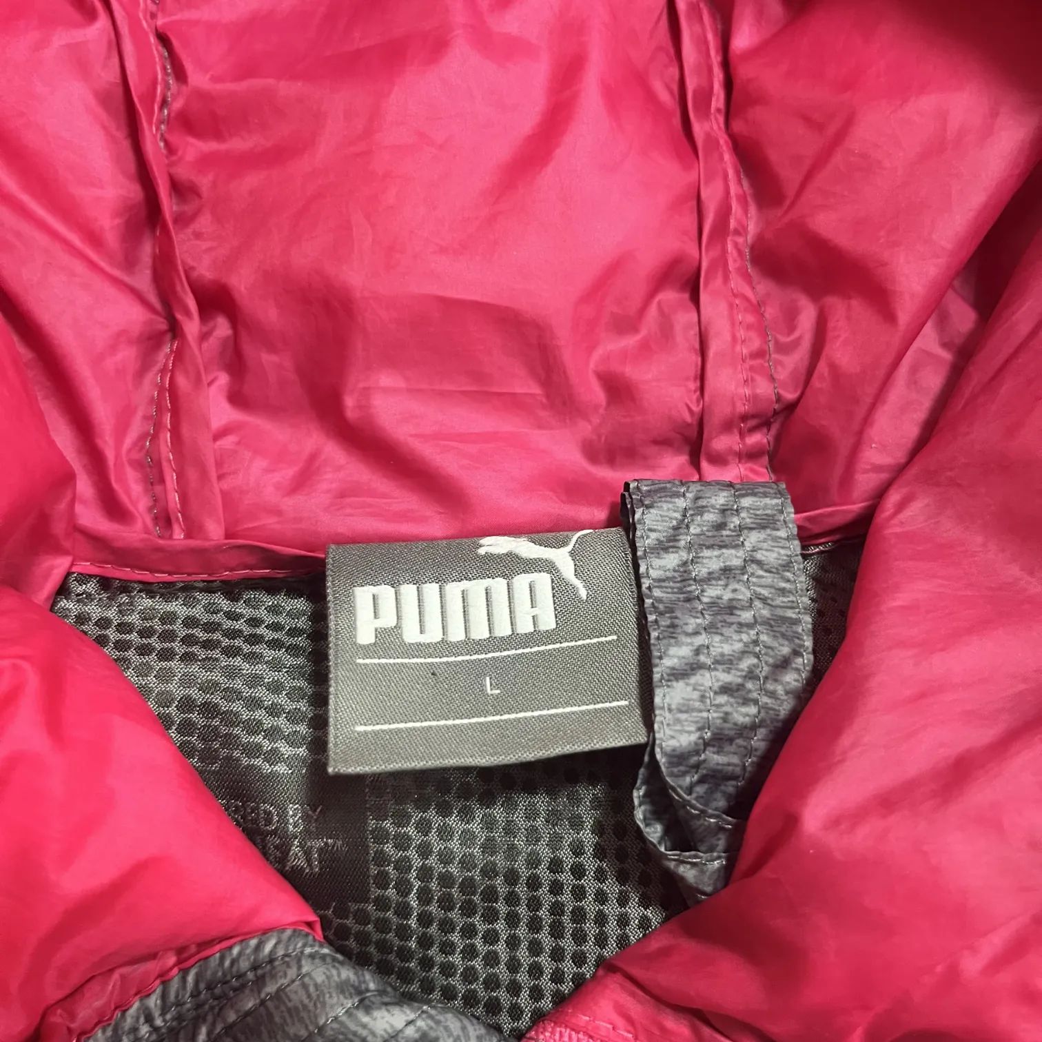 PUMA プーマ ダウンジャケット L グレー ピンク フード付き 軽量 ロゴ