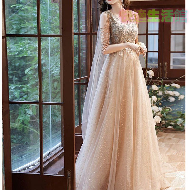 【セール】ロングドレス 演奏会 カラードレス シャンパンゴールド 花嫁 カクテルドレス 結婚式 イブニングドレス 二次会 フォーマル 発表会 パーティードレス ビーズ刺~ シフォン ロングスカート きらきら lf515
