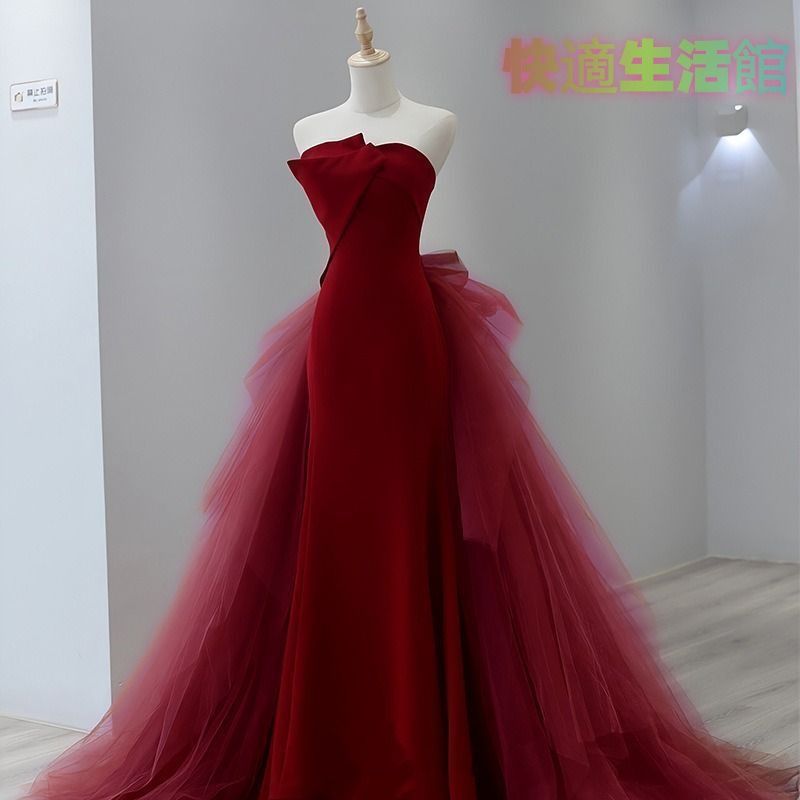 【セール】イブニングドレス パーティードレス ロングドレス レッド チューブトップ 結婚式 二次会 花嫁 演奏会 大人 ピアノ 発表会 着痩せ ドレス タイト シフォン フィッシュテール 編み上げ lf515