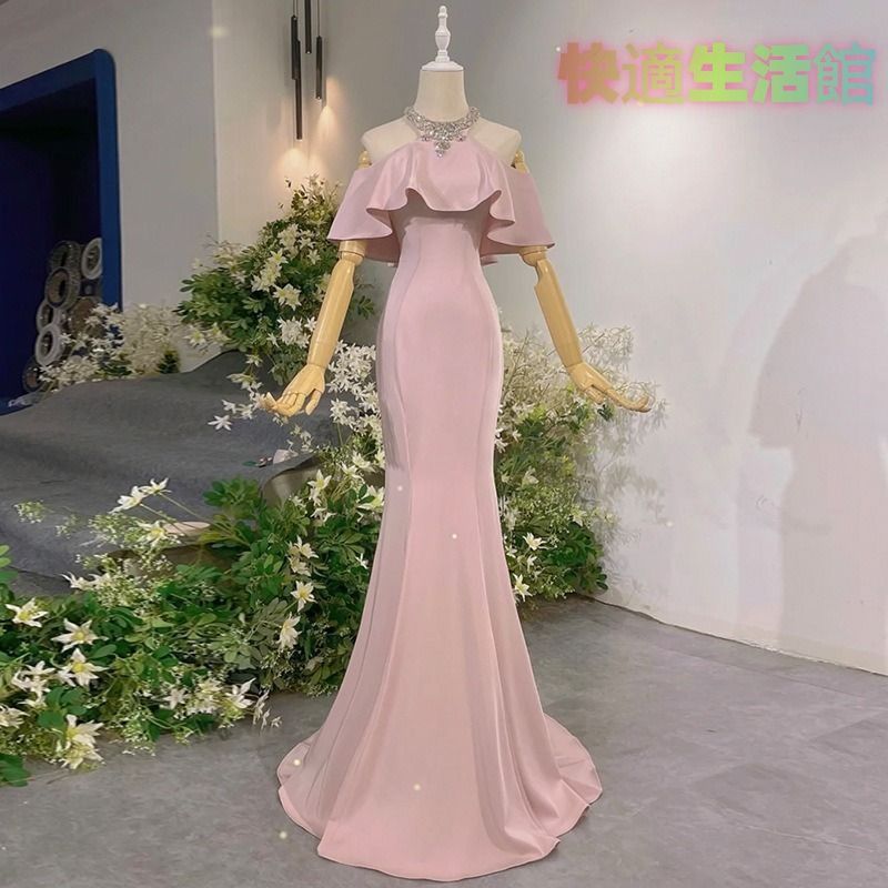 【セール】カラードレス ピンク カクテルドレス ロングドレス パーティードレス 発表会 演奏会 ステージドレス イブニングドレス オフショルダー 袖付き マーメイドライン lf515