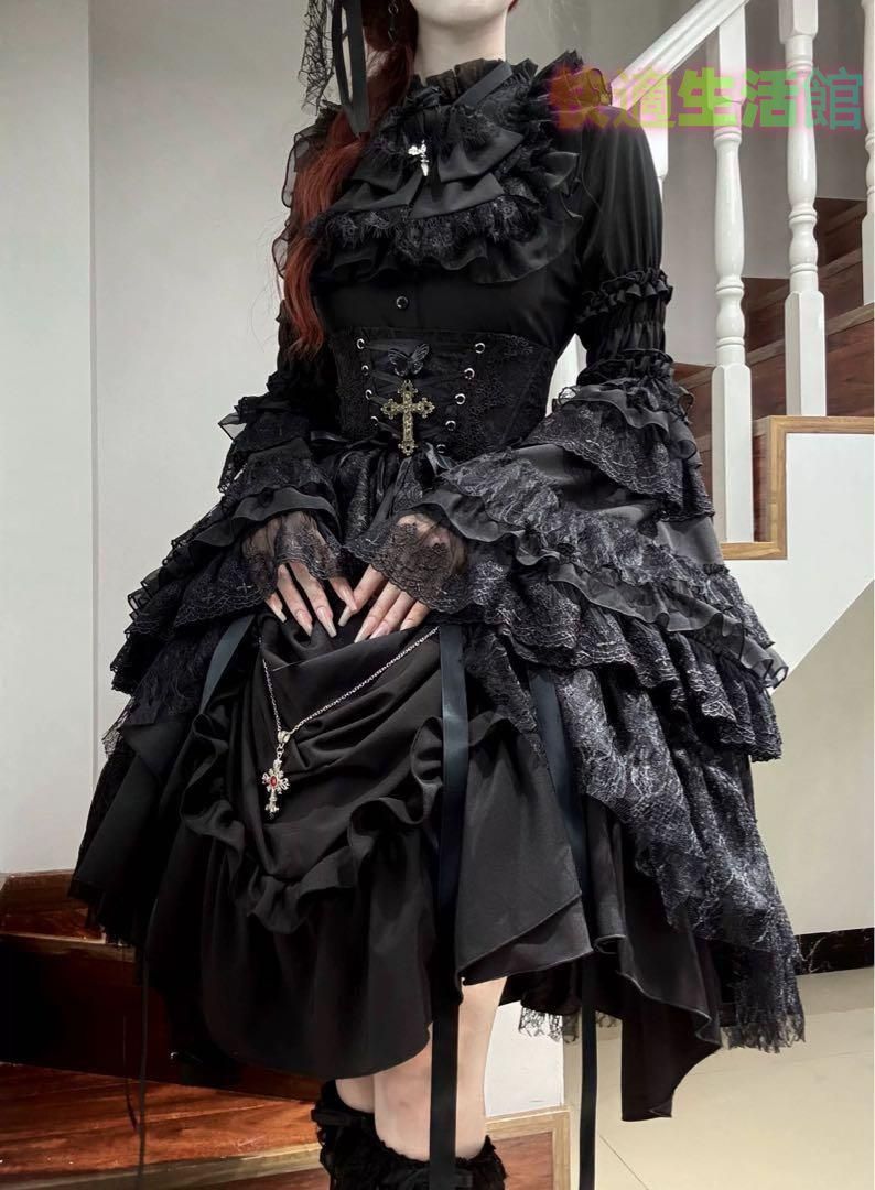 3点セット 黒ゴスロリ ロリータゴシック スカート 姫袖ブラウス ウエストカバー コスチューム・コスプレ 3点セット 黒ゴスロリ ロリータゴシック
