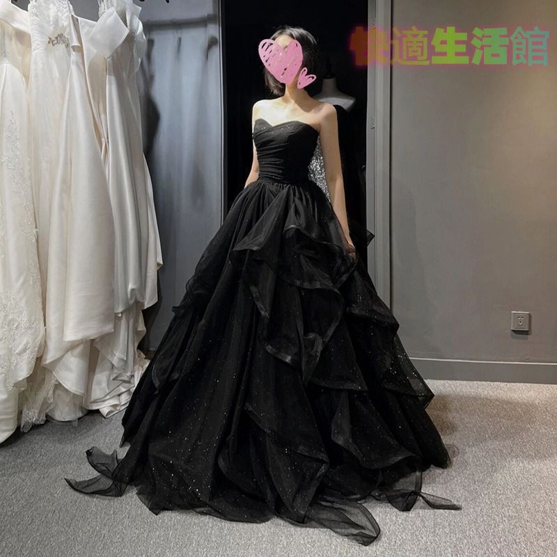【セール】高品質!! ウエディングドレス シフォン ブラック 結婚式 パーティー ドレス エレガント ロングスカート シアー チューブ ベアトップ ドレープ レディース lf515