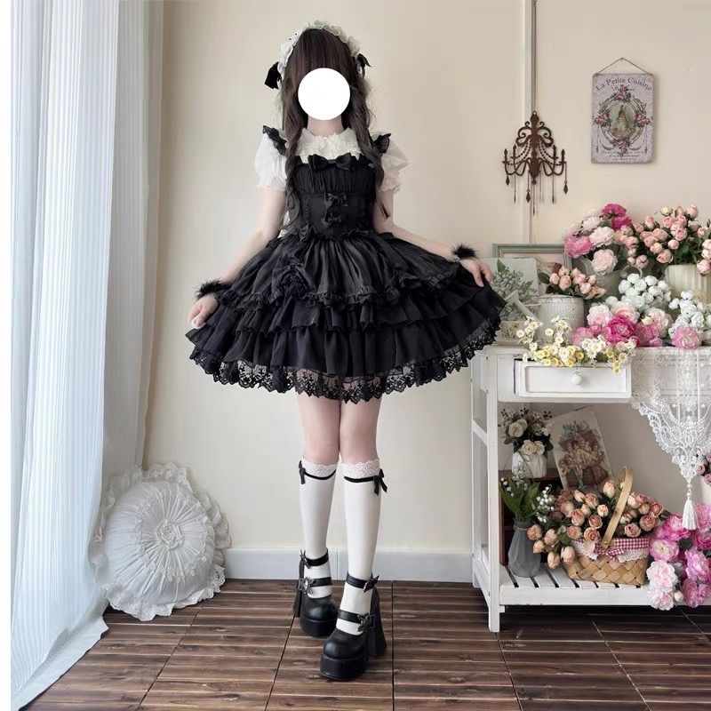 ブラック🖤 ホワイト🤍 ロリータ ワンピース ゴシック フリル リボン