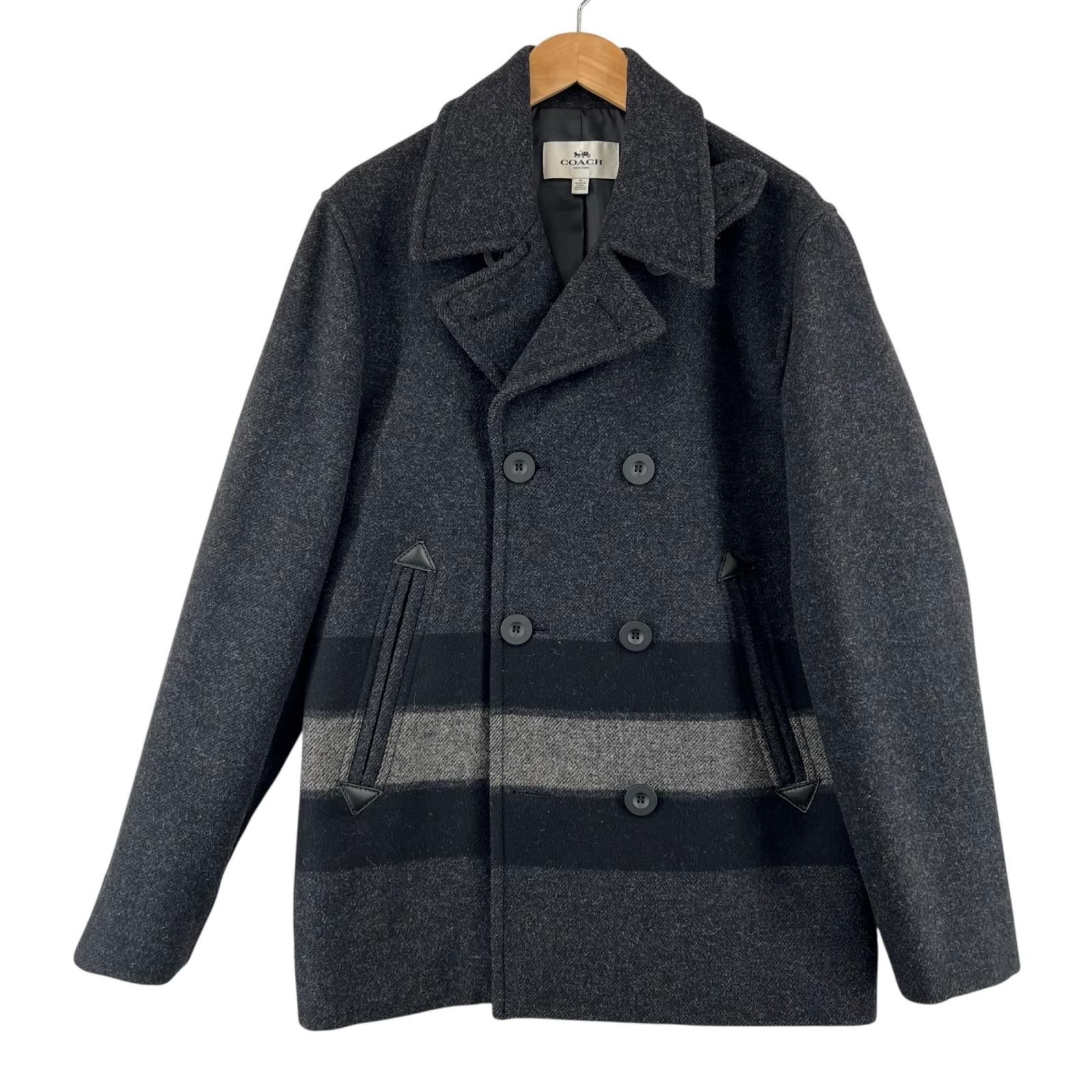 極美品▲COACH コーチ F86518 ロゴボタン レザートリミング ボーダー ダブルブレスト Pコート ピーコート ダークグレー M 正規品 メンズ