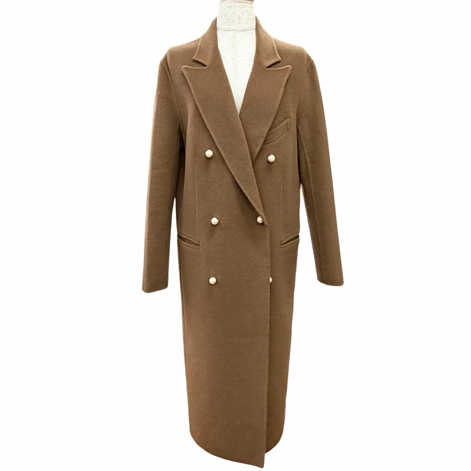 極美品△MADISONBLUE マディソンブルー PEARL CHESTER COAT ウール カシミヤ パールボタン ロング ダブル チェスターコート ブラウン 01 日本製 正規品 レディース