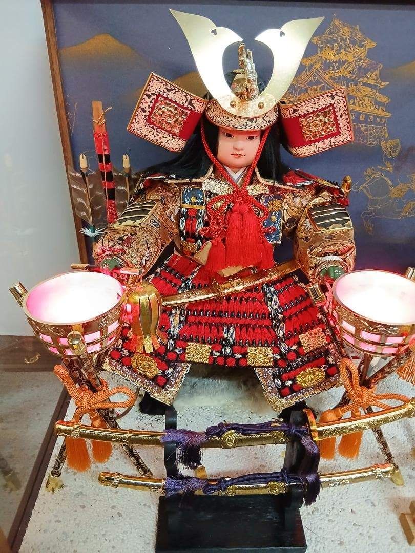 五月人形「若大将 出陣」喜月作 ガラスケース入り 9号 オルゴール