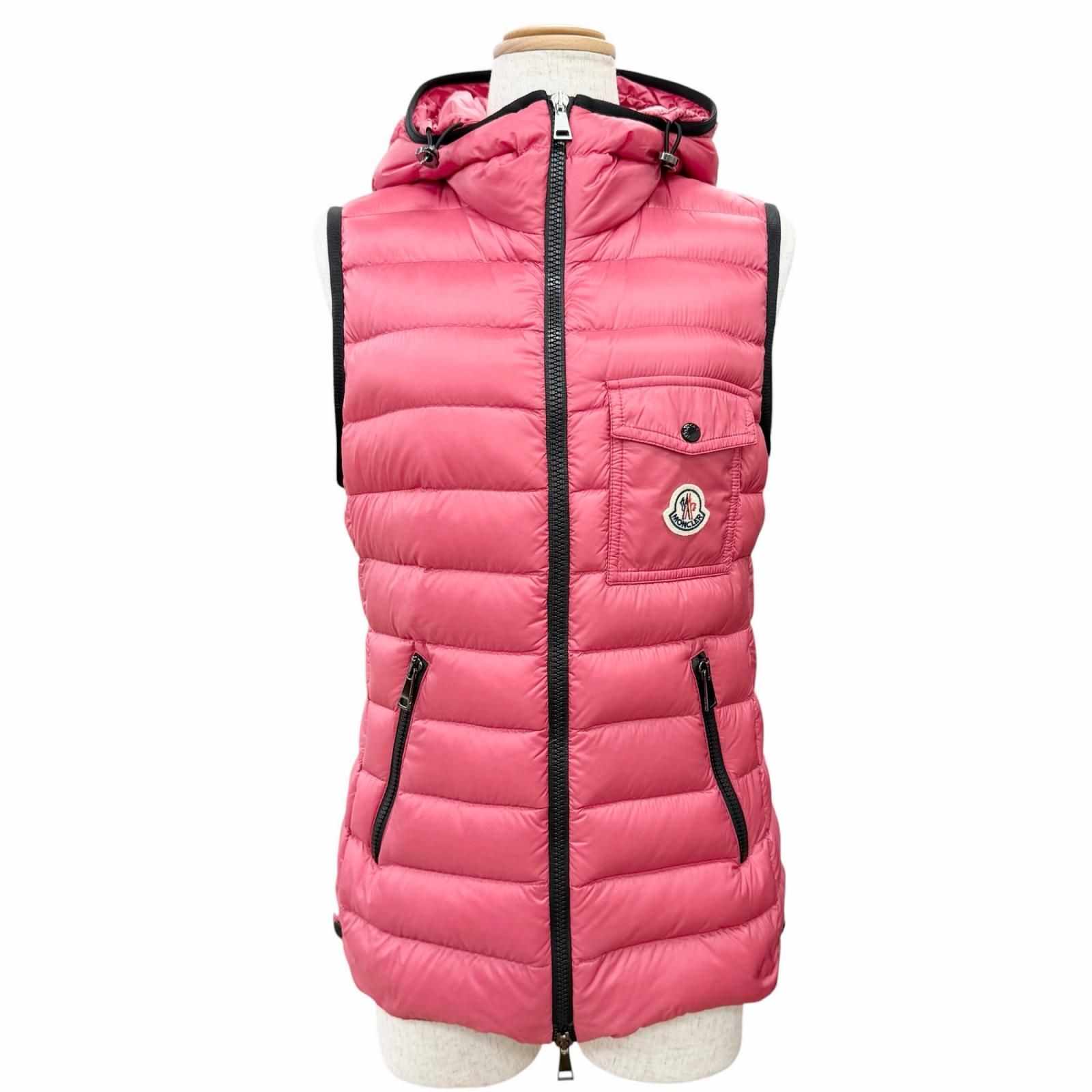美品△MONCLER モンクレール 2021年製 H10931A00062 GLYCO ロゴワッペン フード付き ジップアップ ダウンベスト ピンク 1 正規品 レディース オススメ◎