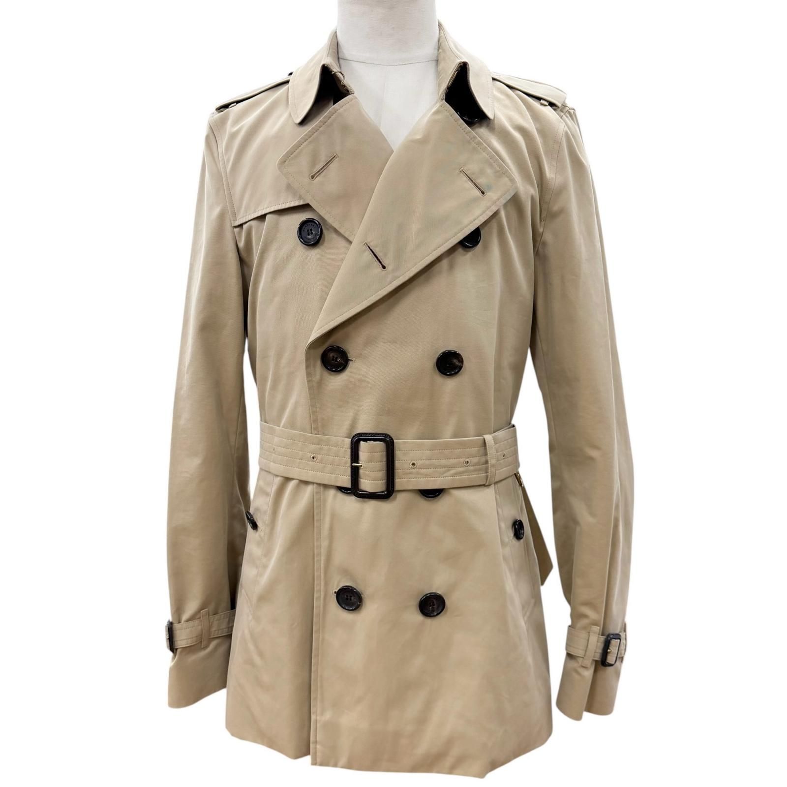 美品▼BURBERRY バーバリー THE KENSINGTON 裏地ノバチェック柄 ロゴ入りボタン レザー使い トレンチコート ベージュ 48 イングランド製 メンズ