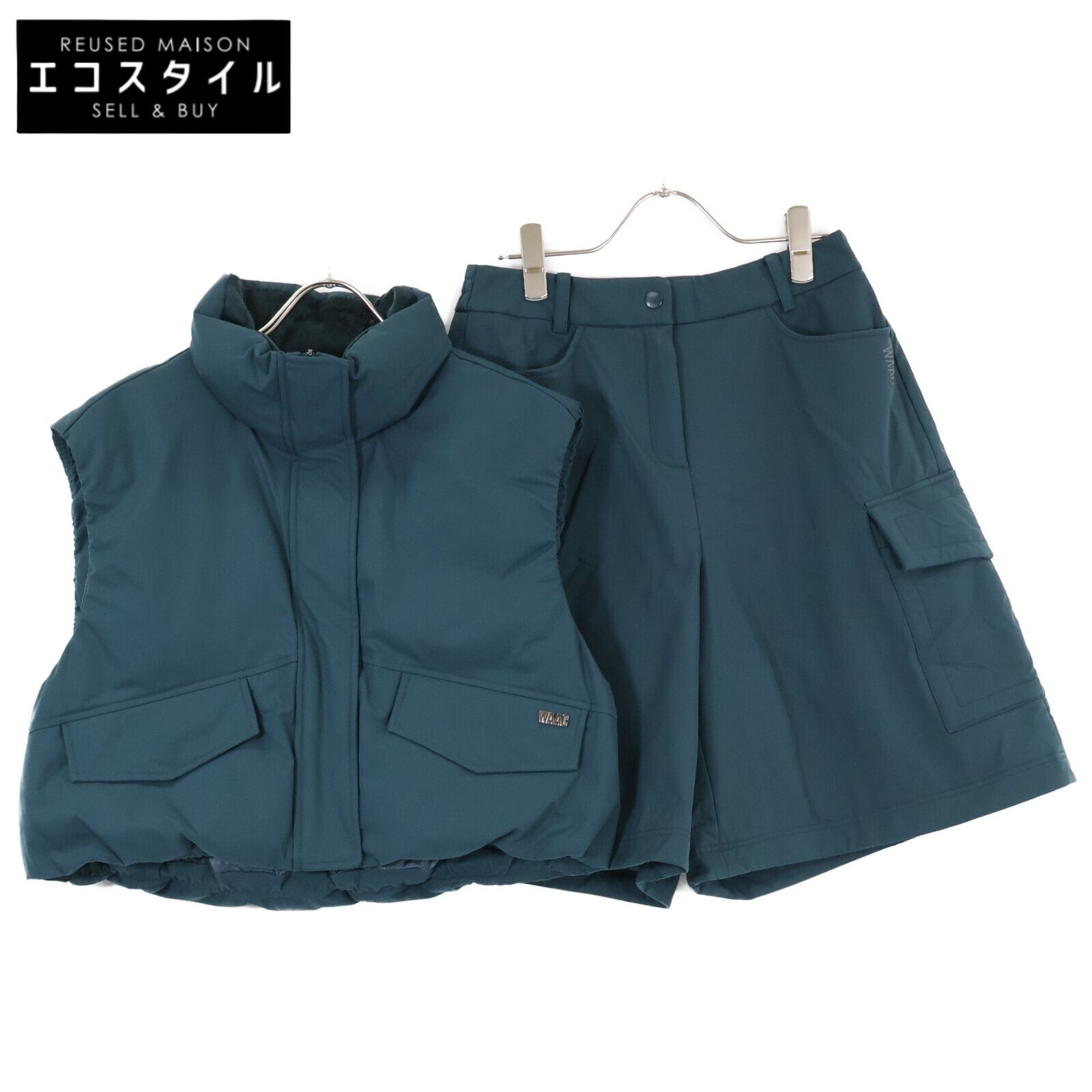 WAAC　ワック　グリーン ジップアップ ショート丈 ダウンベスト/ハーフパンツ セットアップ　S/26