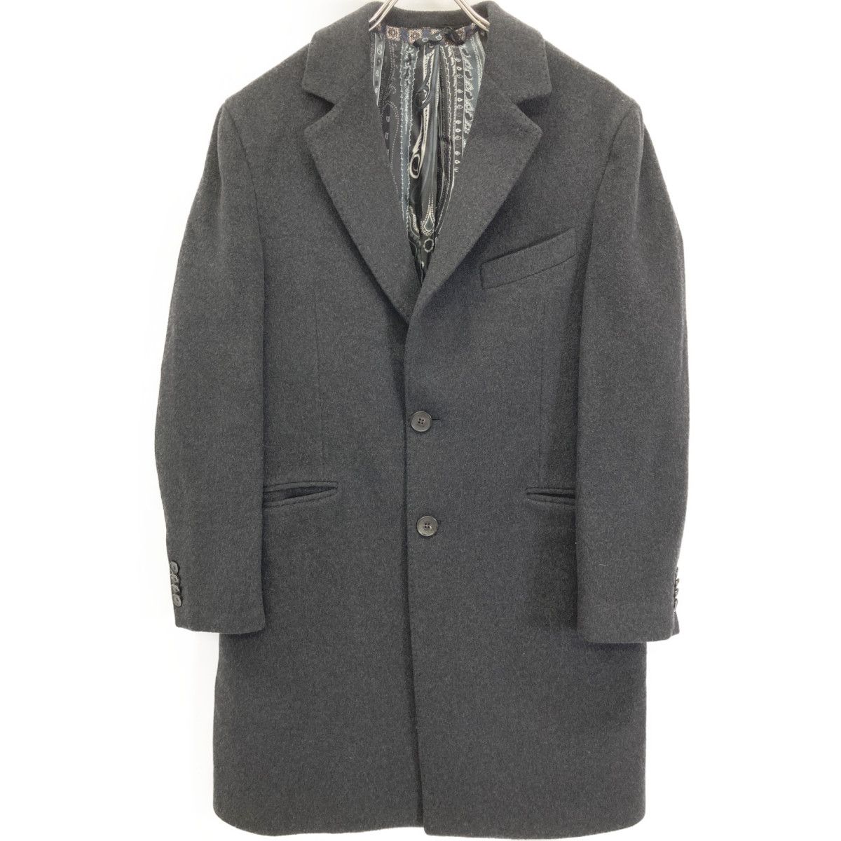 ETRO ロングコート　ラビットファー　カシミヤ ペイズリー柄　金ボタン　S ETRO エトロ グレー カシミヤ100 裏地ペイズリー柄 ロングコート 50