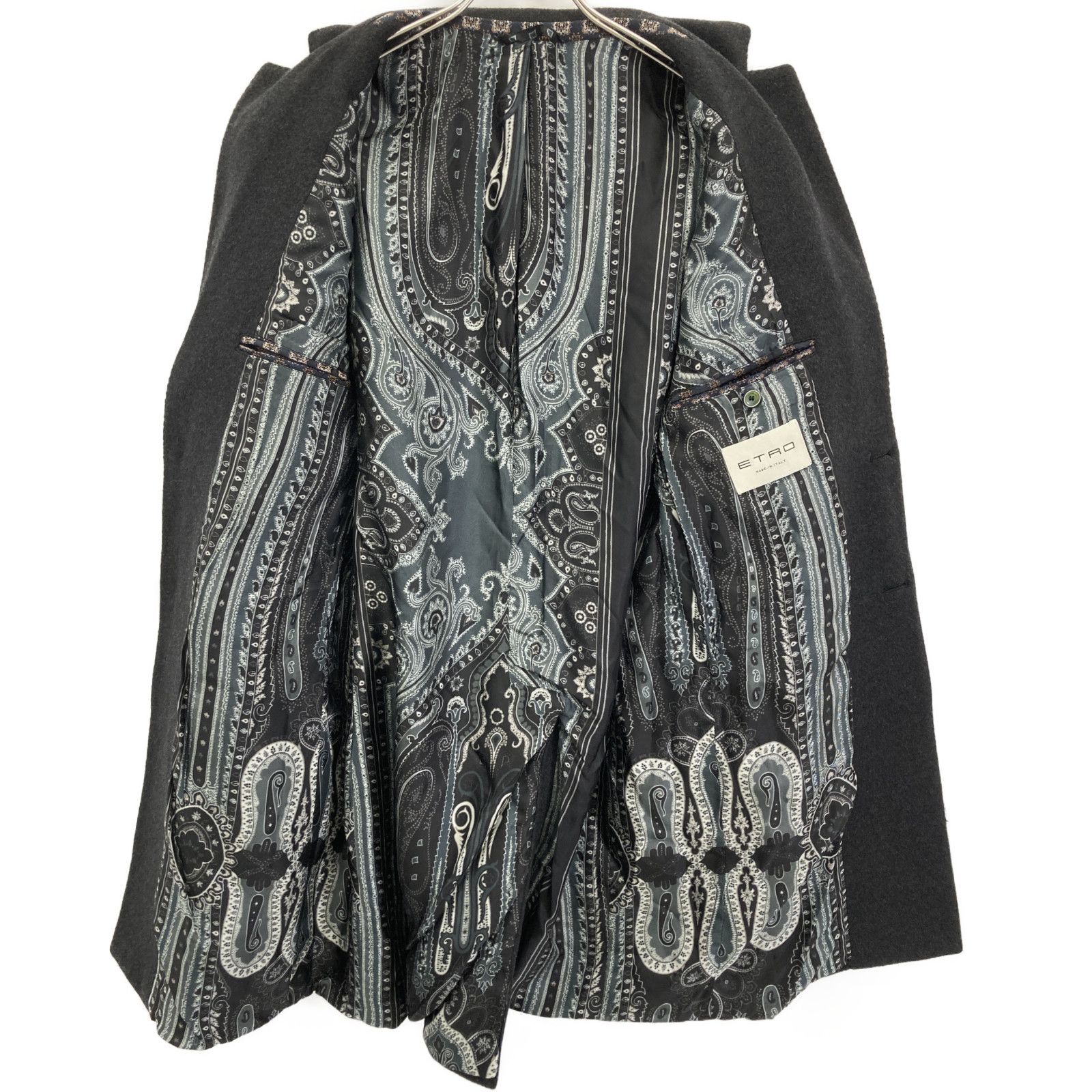 ETRO エトロ グレー カシミヤ100 裏地ペイズリー柄 ロングコート 50