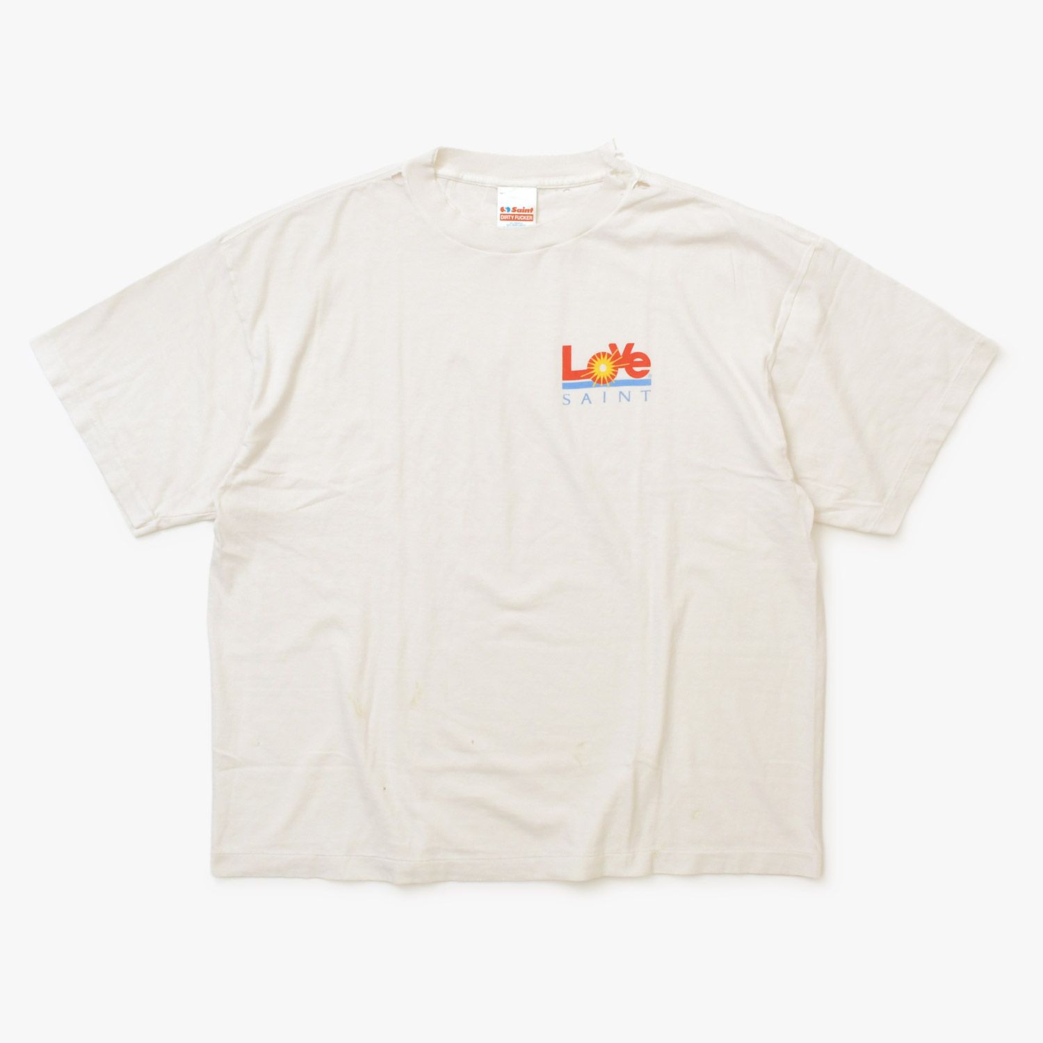 新品未使用 SAINT Mxxxxxx セントマイケル SS TEE LOVE ヴィンテージ加工 ホワイト オーバーシルエット パロディロゴ 中古 4a002315