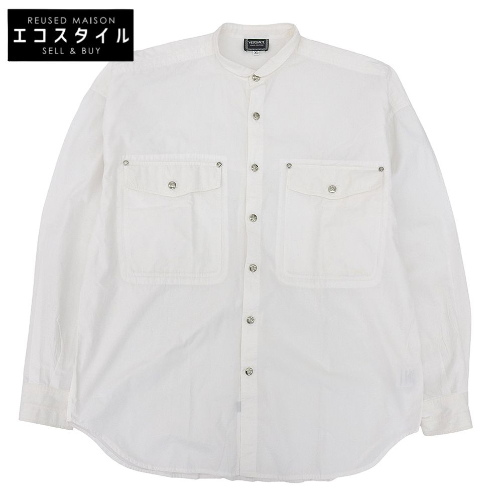 VERSACE JEANS　ヴェルサーチジーンズ　コットン100 シルバーメデューサボタン バンドカラー L/Sシャツ トップス メンズ ホワイト XL　XL
