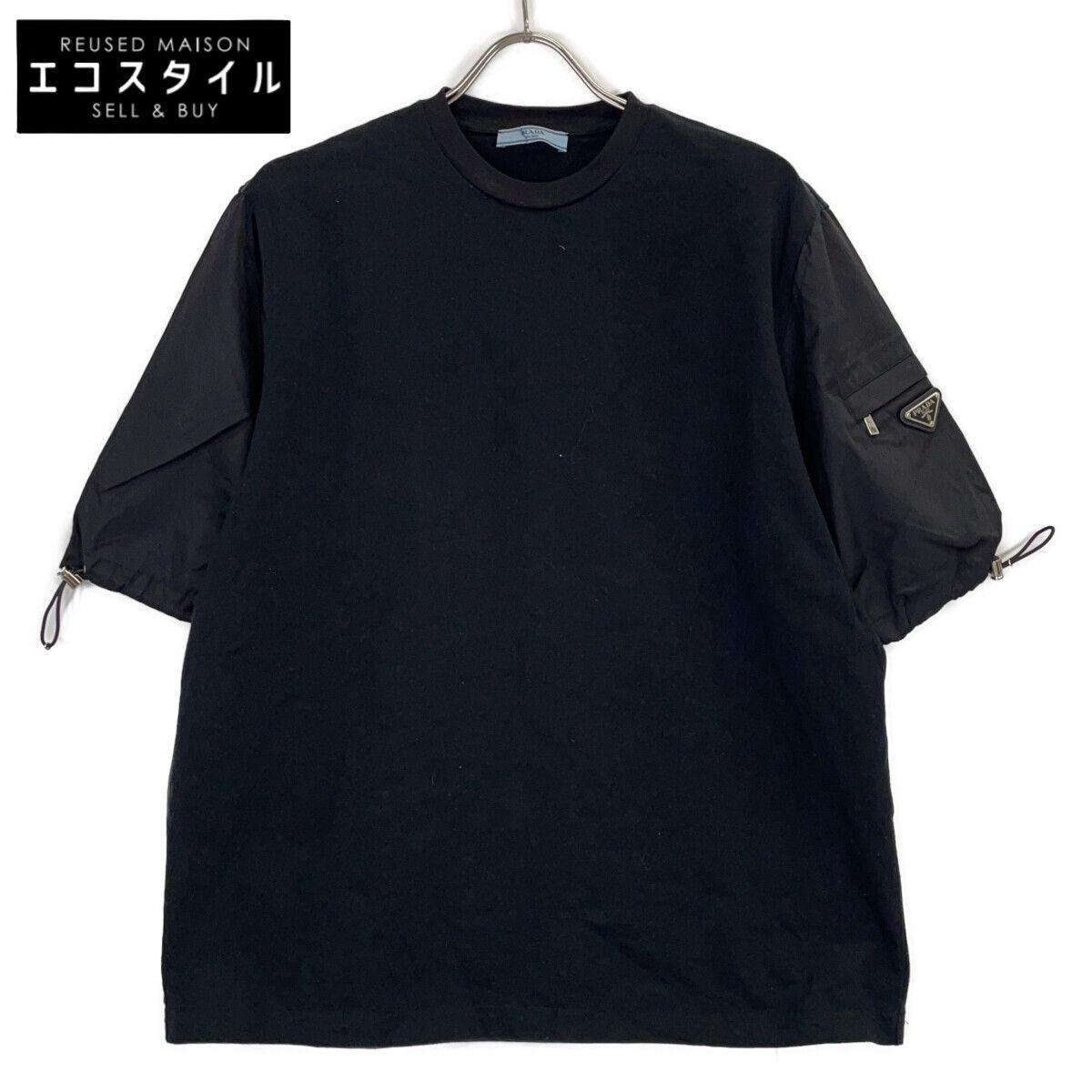 PRADA　プラダ　135698 21年 ブラック Re Nylon 切替ナイロンスリーブ トライアングルロゴ Tシャツ　XS