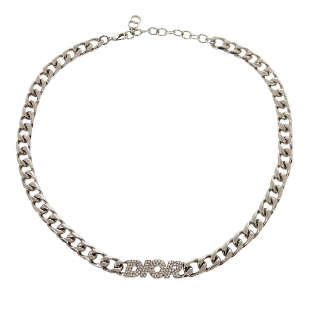 美品 ディオール チェーンリンク 真鍮 ラインストーン シルバー ネックレス 1713 Dior
