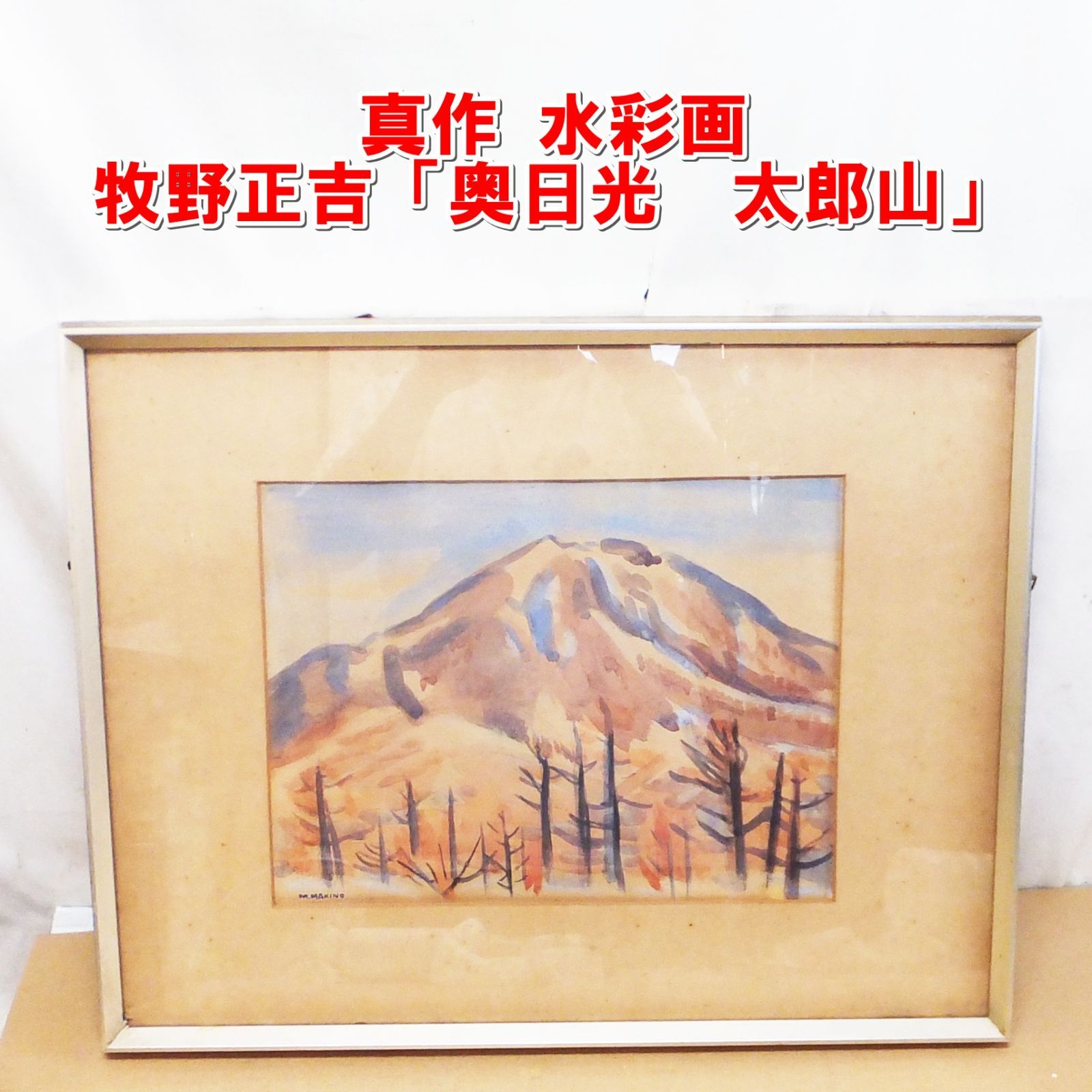 S187【真作】水彩画　牧野正吉「奥日光　太郎山」　額装　直筆サイン入り /10