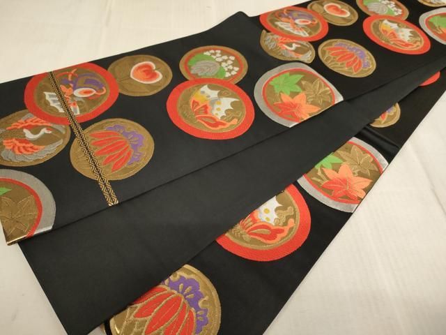 平和屋着物[]子供　全通柄袋帯　唐織　花蝶丸文　黒地　金銀糸　逸品　AABE2164ja