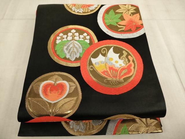 平和屋着物[]子供　全通柄袋帯　唐織　花蝶丸文　黒地　金銀糸　逸品　AABE2164ja